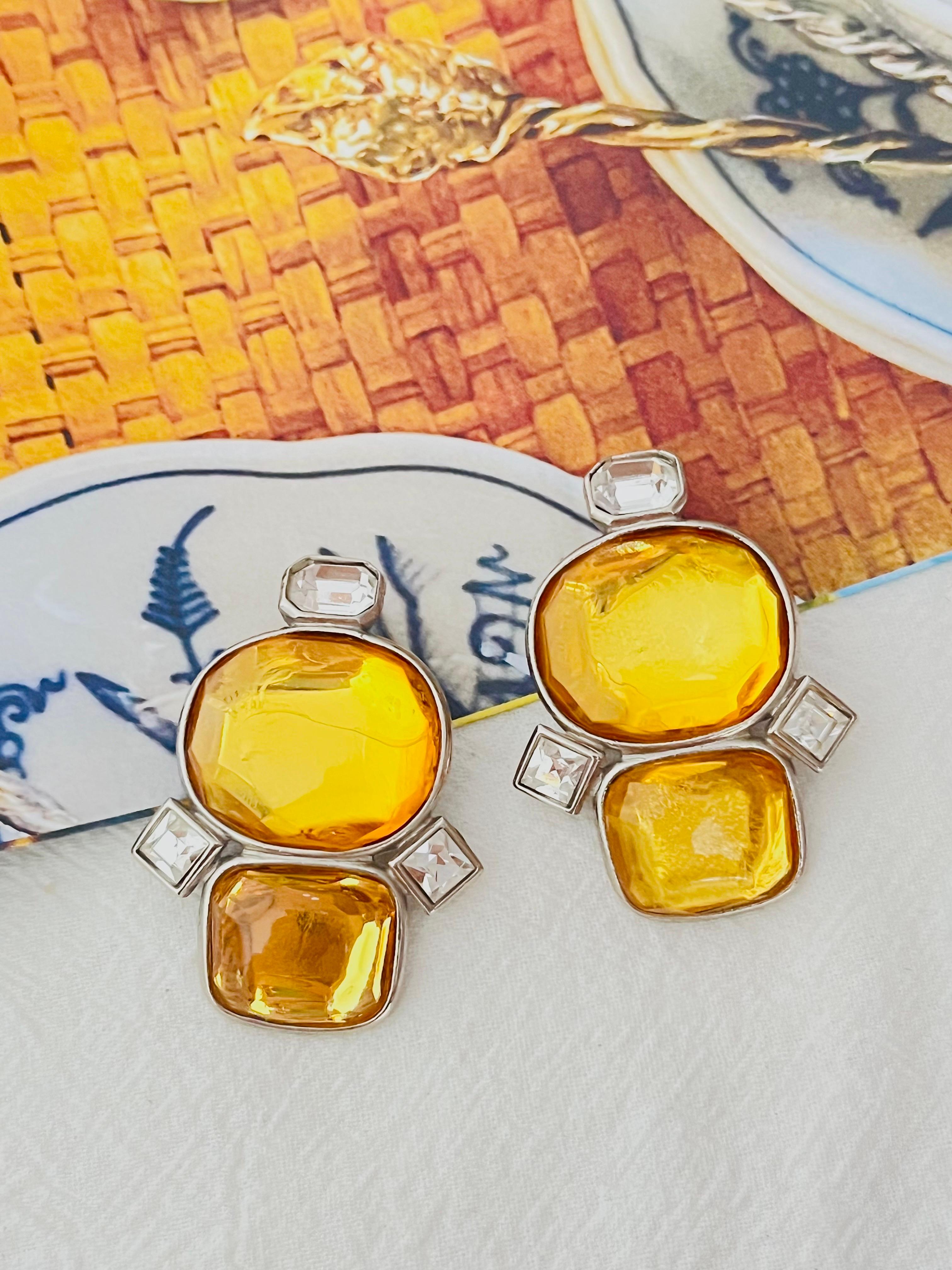 Art Deco Yves Saint Laurent YSL Vintage Large Double Yellow Crystals Oval Clip Earrings For Sale