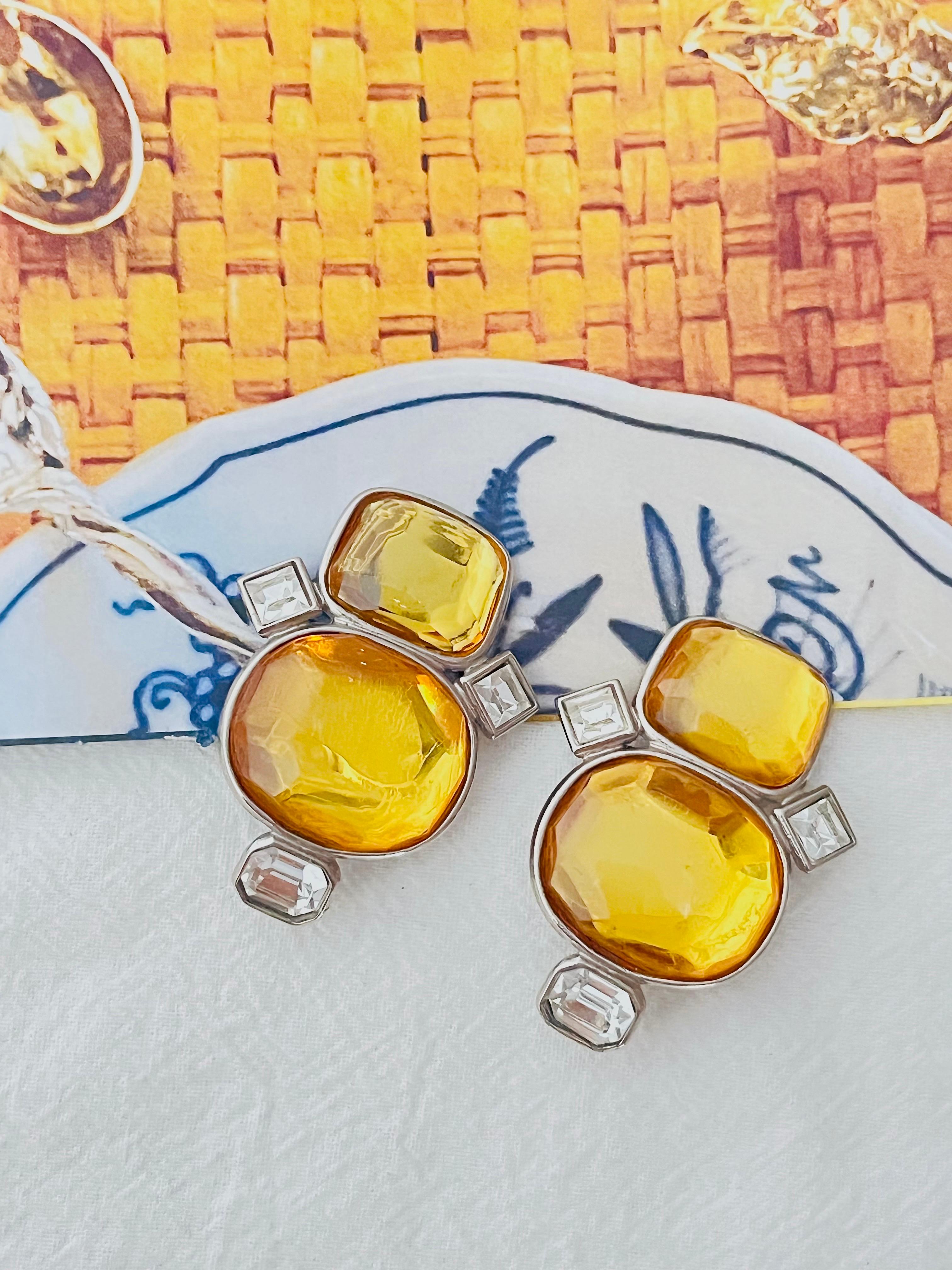 Yves Saint Laurent YSL Vintage Large Double Yellow Crystals Oval Clip Earrings In Good Condition For Sale In Wokingham, England