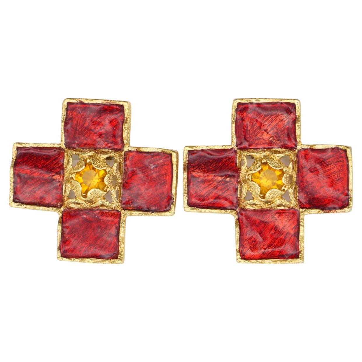 Yves Saint Laurent YSL Vintage Large Gold Gripoix Cross Red Statement Earrings For Sale
