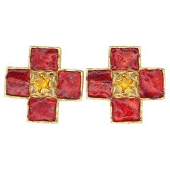 Yves Saint Laurent YSL Vintage Large Gold Gripoix Cross Red Statement Earrings