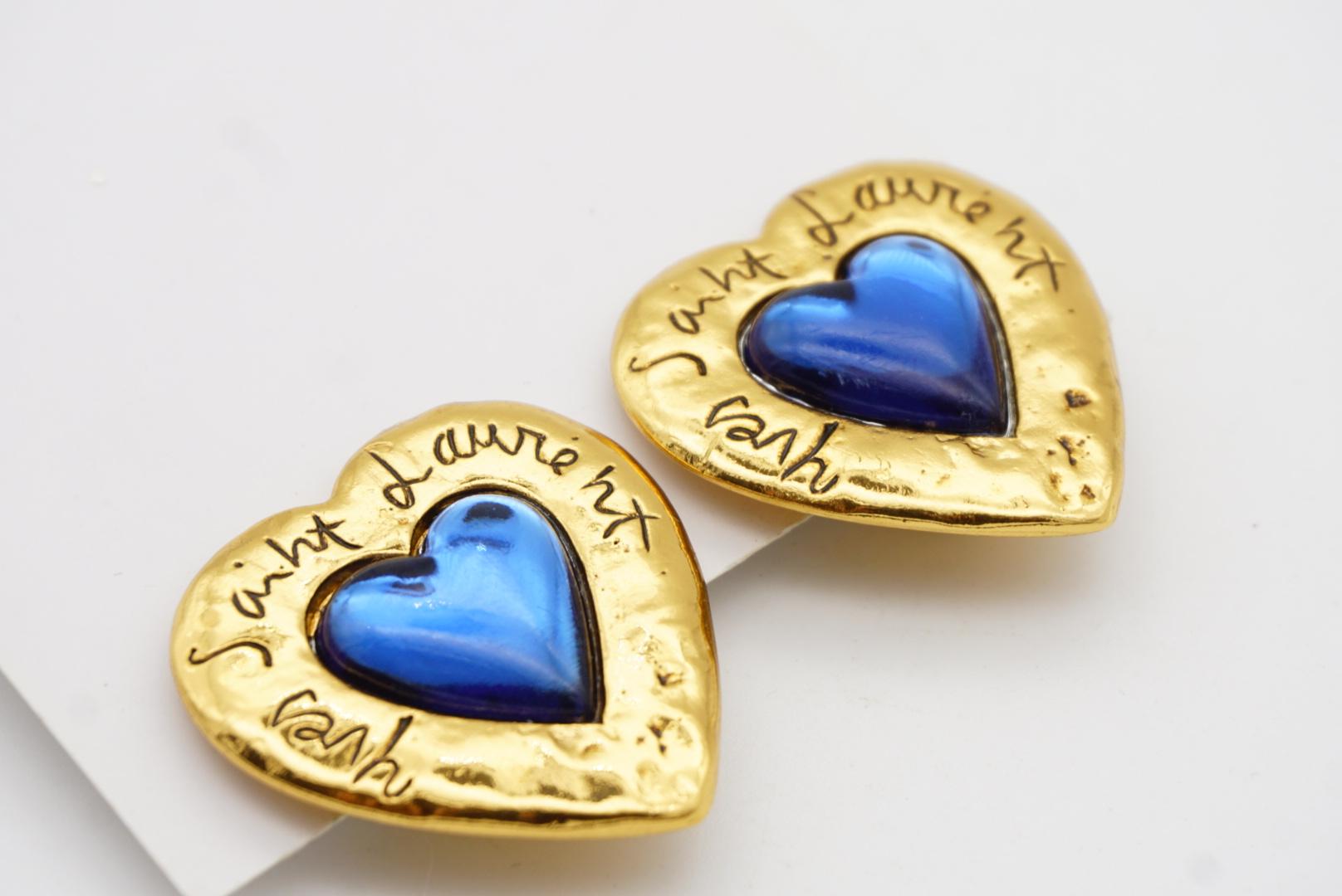 Yves Saint Laurent YSL Vintage Large Gripoix Logo Sapphire Heart Clip Earrings For Sale 4