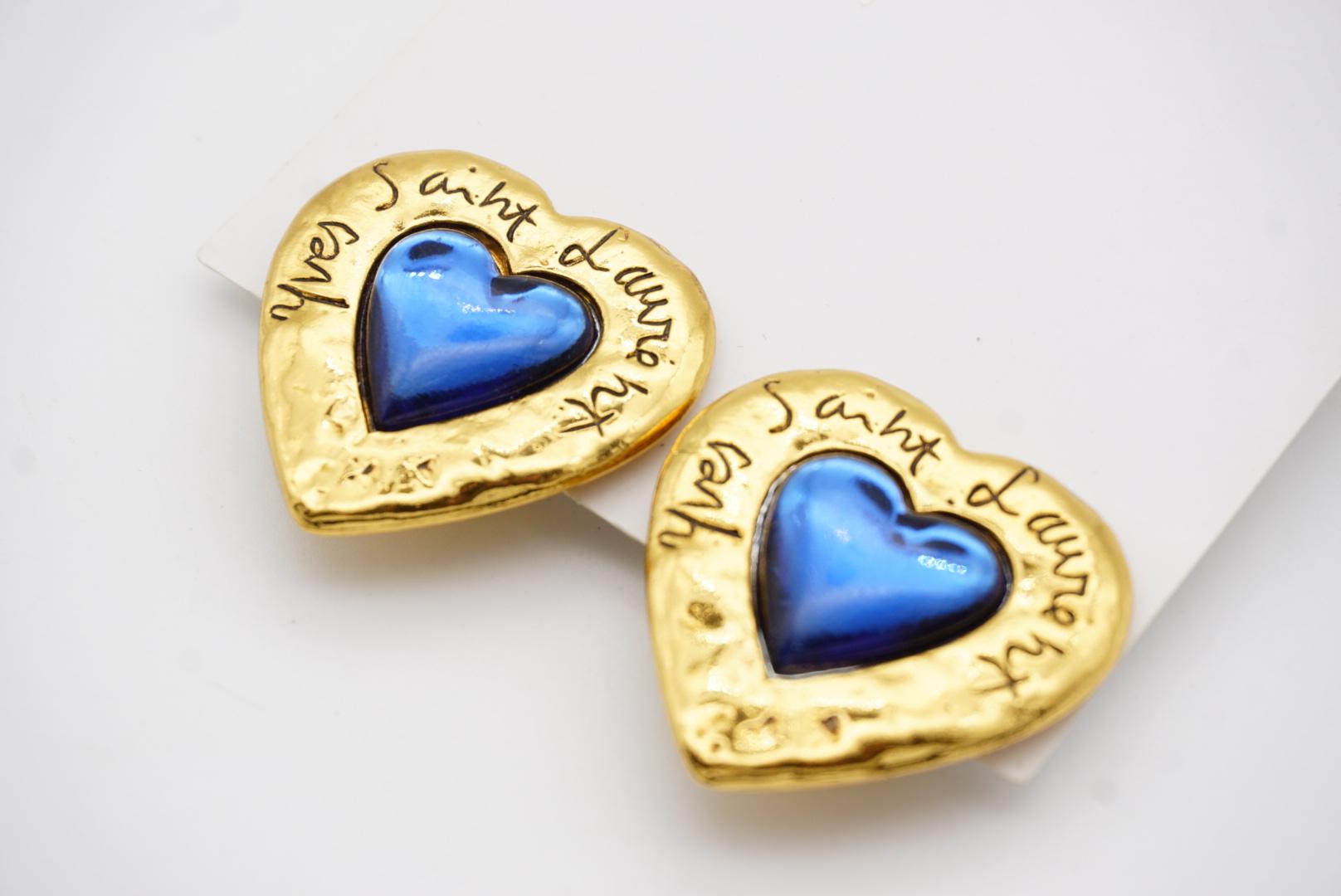 Yves Saint Laurent YSL Vintage Large Gripoix Logo Sapphire Heart Clip Earrings 6
