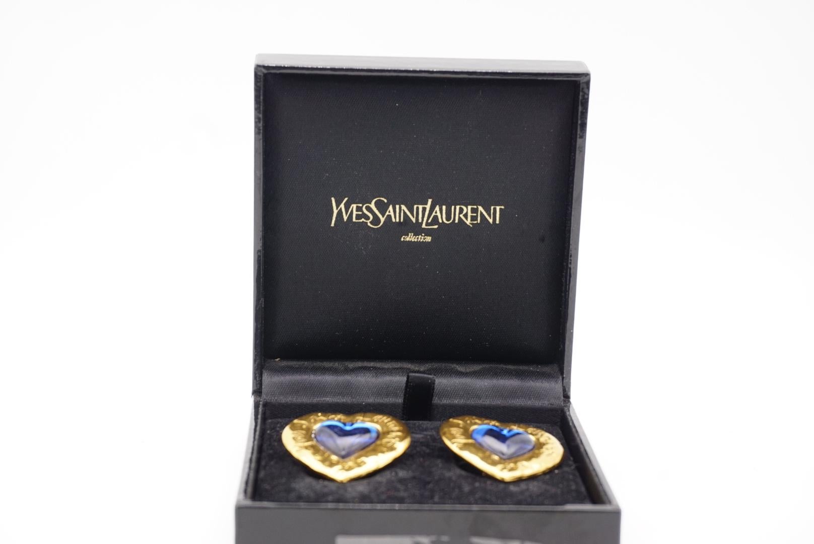Yves Saint Laurent YSL Vintage Large Gripoix Logo Sapphire Heart Clip Earrings 10