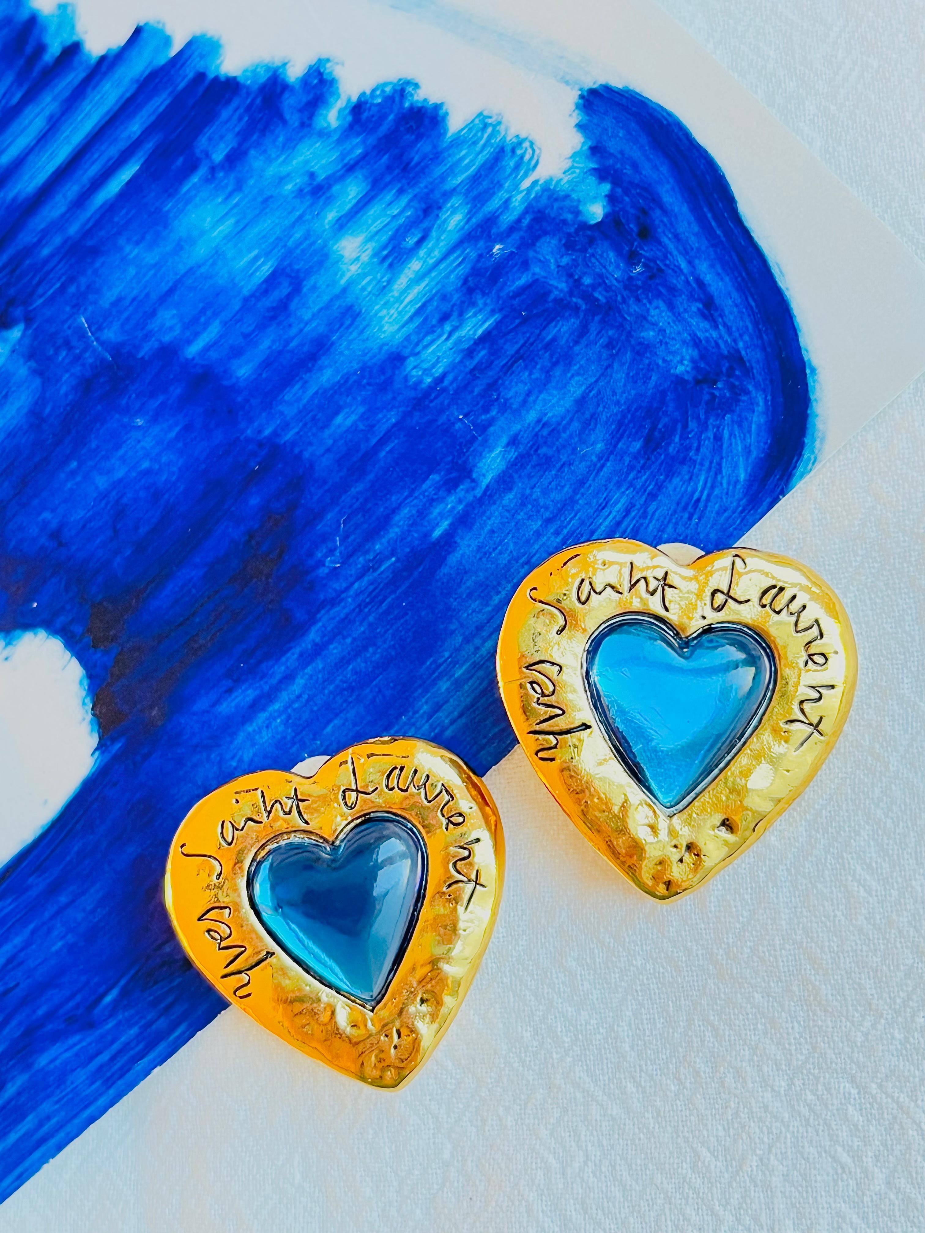 Art Deco Yves Saint Laurent YSL Vintage Large Gripoix Logo Sapphire Heart Clip Earrings