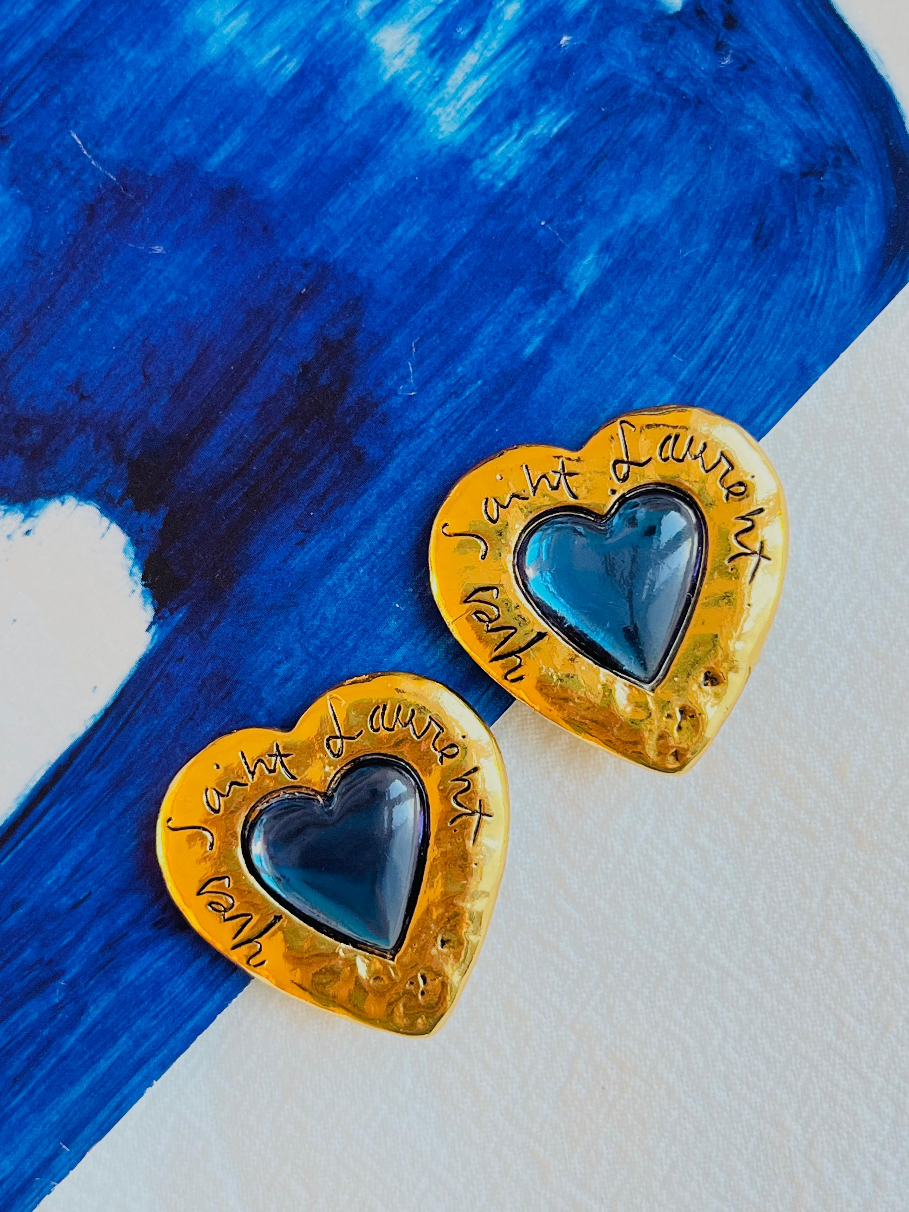 Yves Saint Laurent YSL Vintage Large Gripoix Logo Sapphire Heart Clip Earrings In Excellent Condition For Sale In Wokingham, England