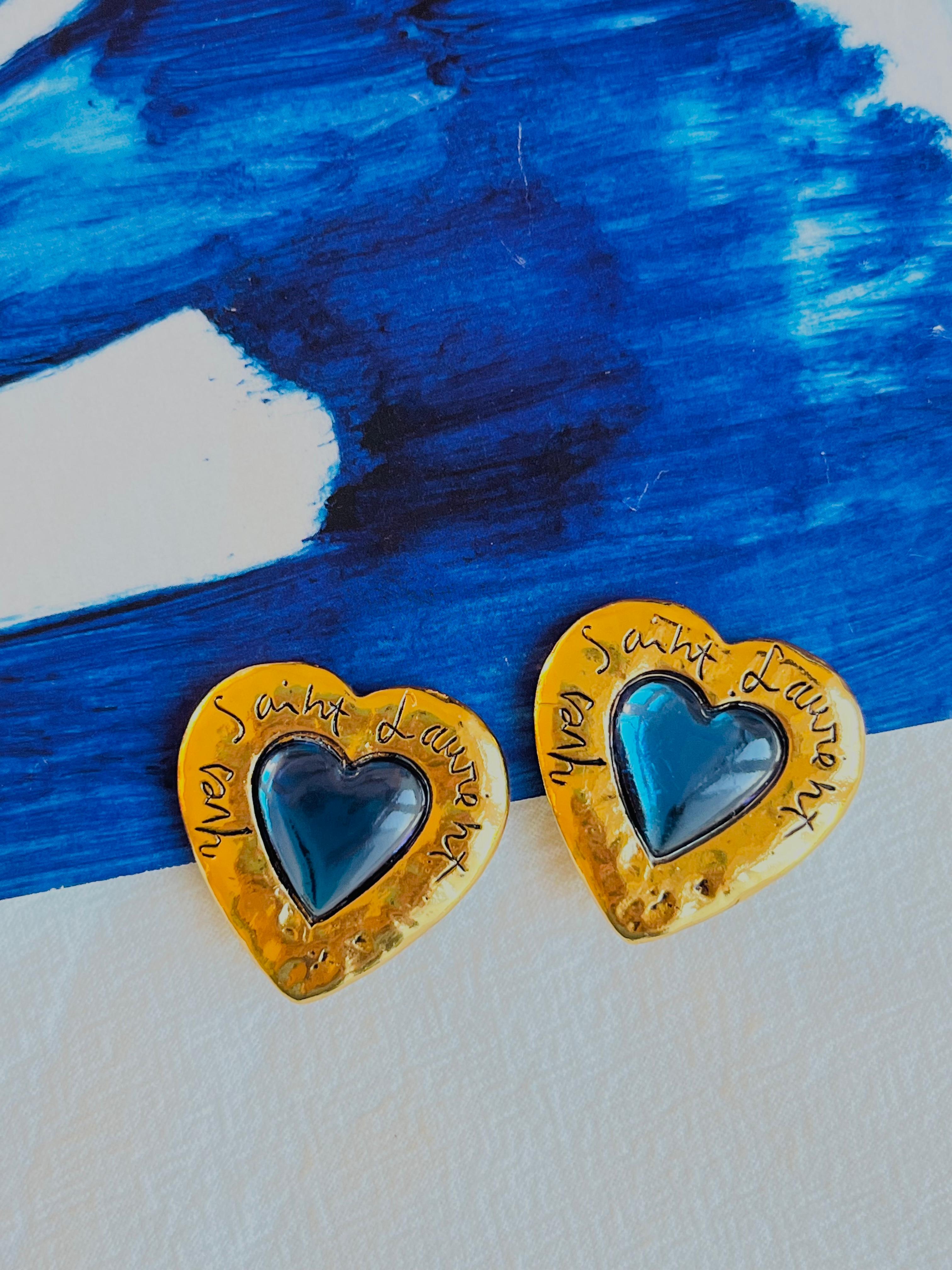 Women's or Men's Yves Saint Laurent YSL Vintage Large Gripoix Logo Sapphire Heart Clip Earrings