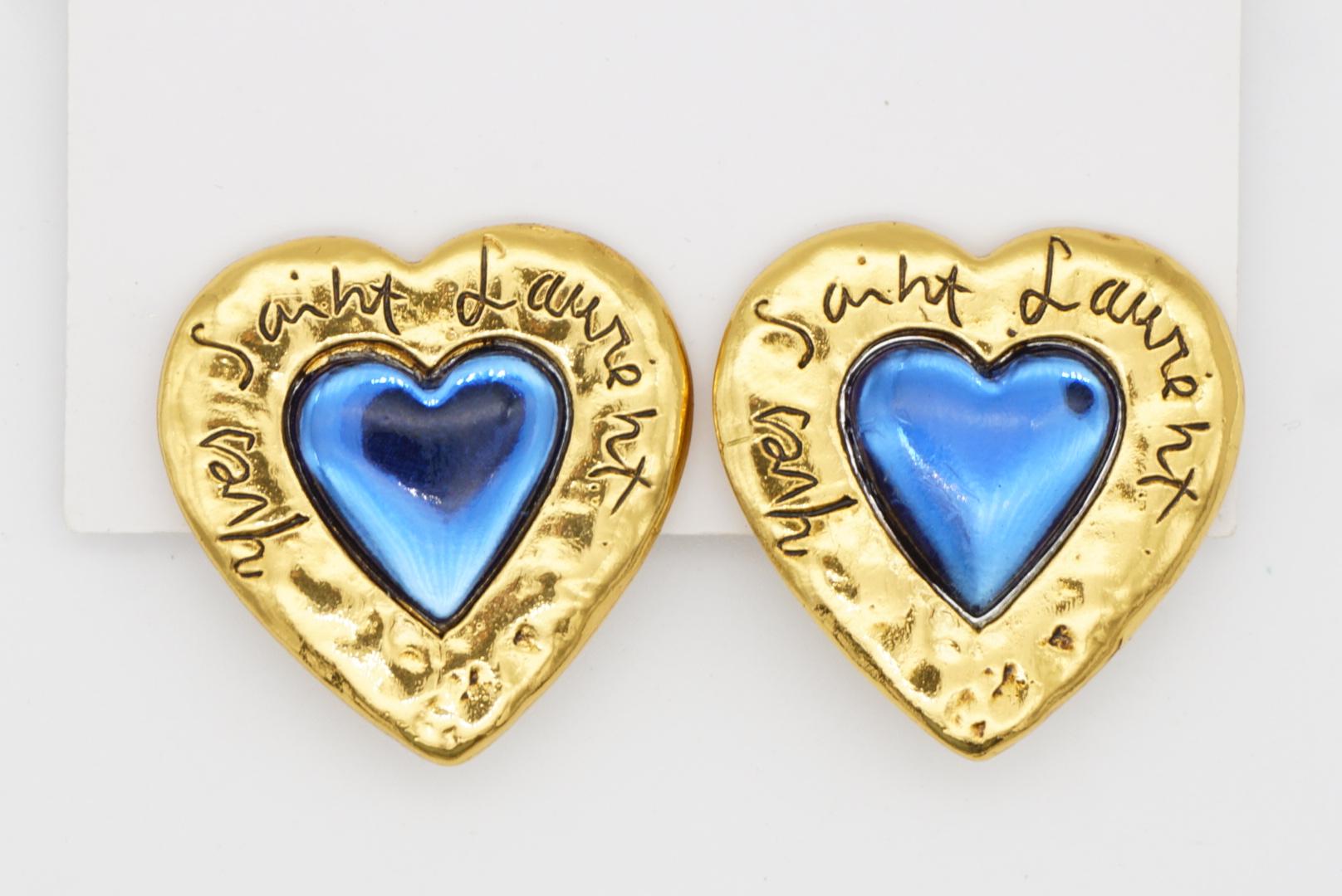 Yves Saint Laurent YSL Vintage Large Gripoix Logo Sapphire Heart Clip Earrings For Sale 3