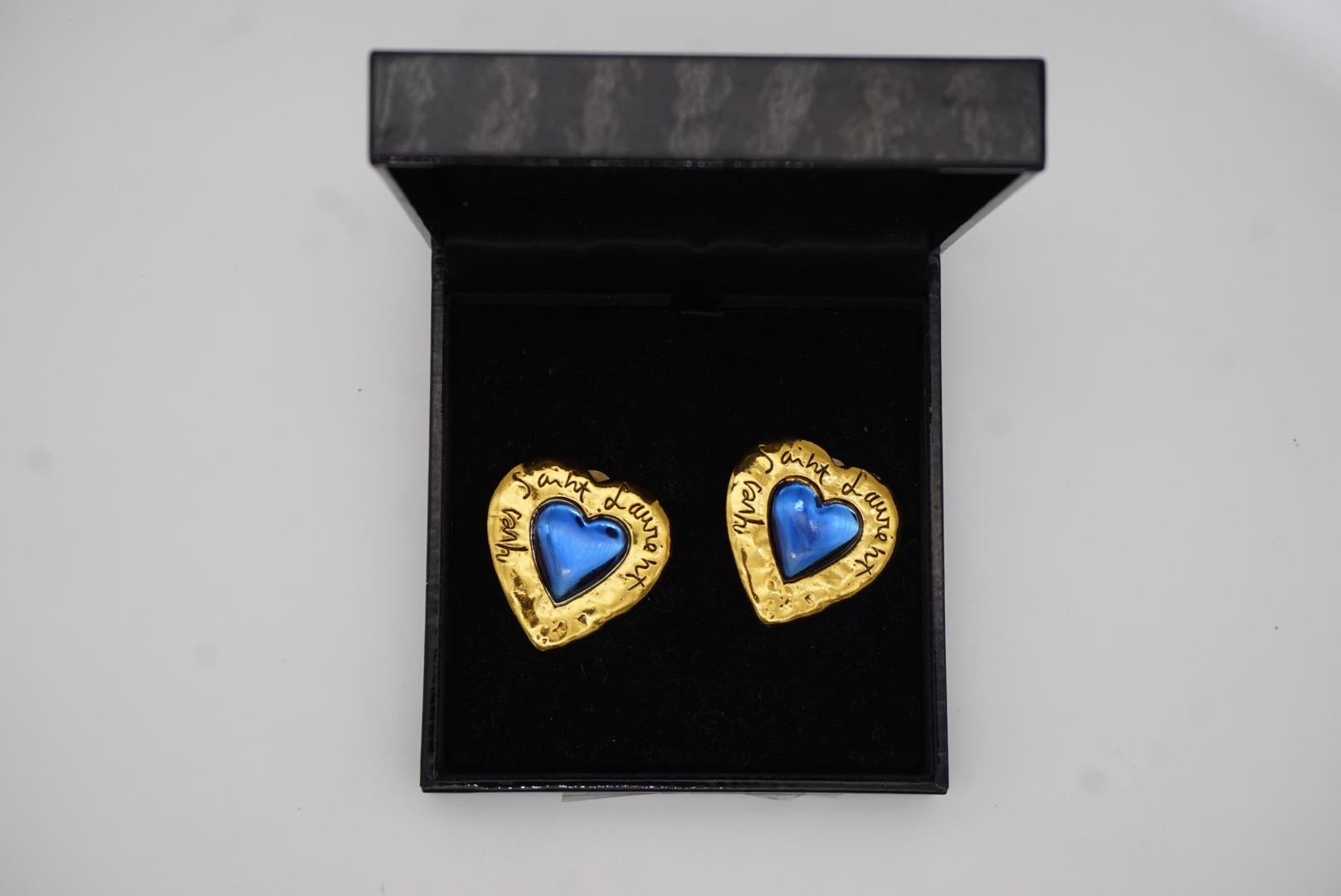 Yves Saint Laurent YSL Vintage Large Gripoix Logo Sapphire Heart Clip Earrings For Sale 4