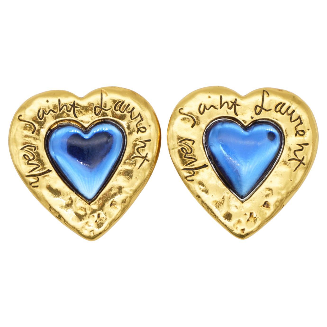 Yves Saint Laurent YSL Vintage Large Gripoix Logo Sapphire Heart Clip Earrings For Sale