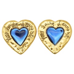 Yves Saint Laurent YSL Antique Large Gripoix Logo Sapphire Heart Clip Earrings