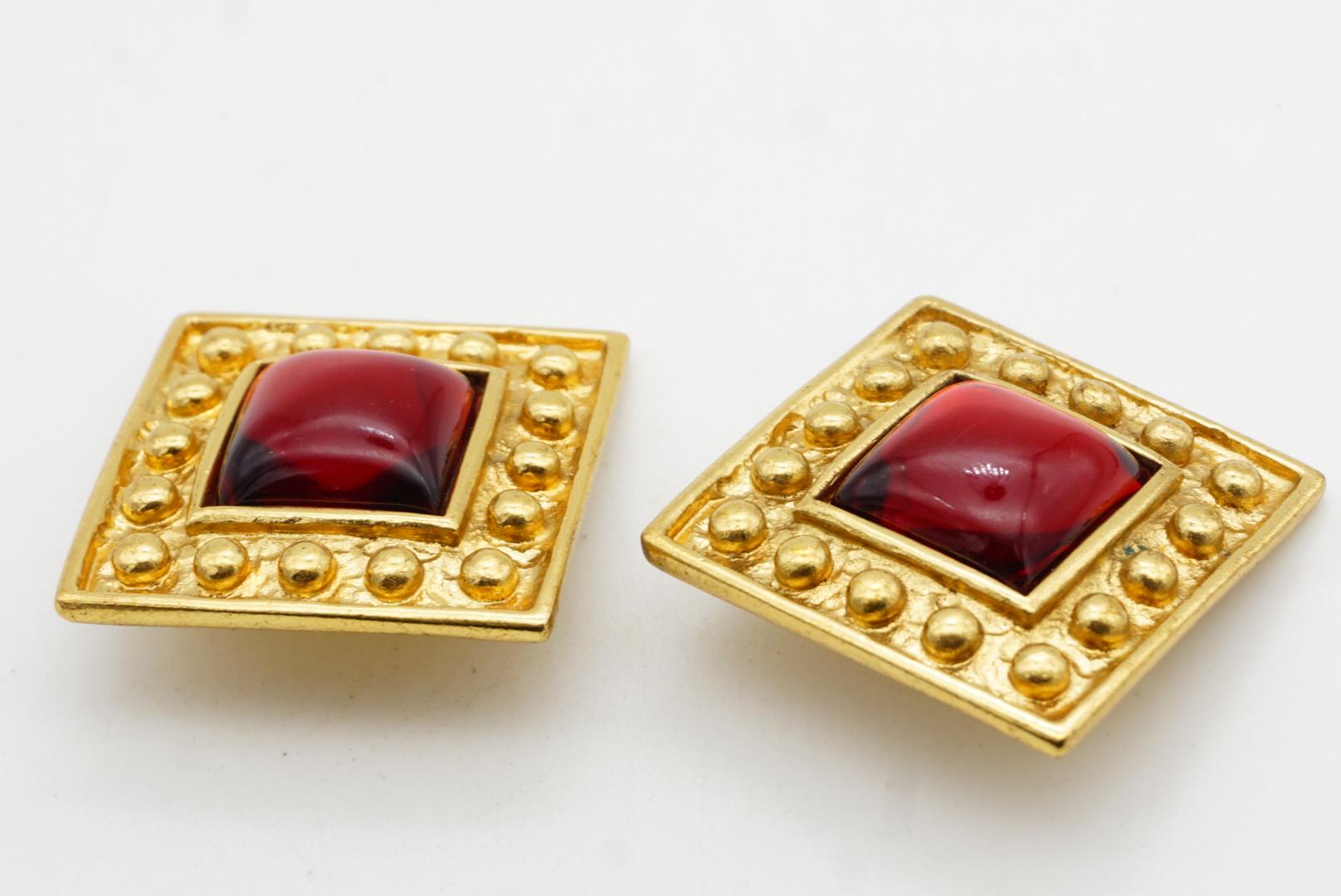 Yves Saint Laurent YSL Vintage Large Gripoix Ruby Square Cube Dot Clip Earrings For Sale 5