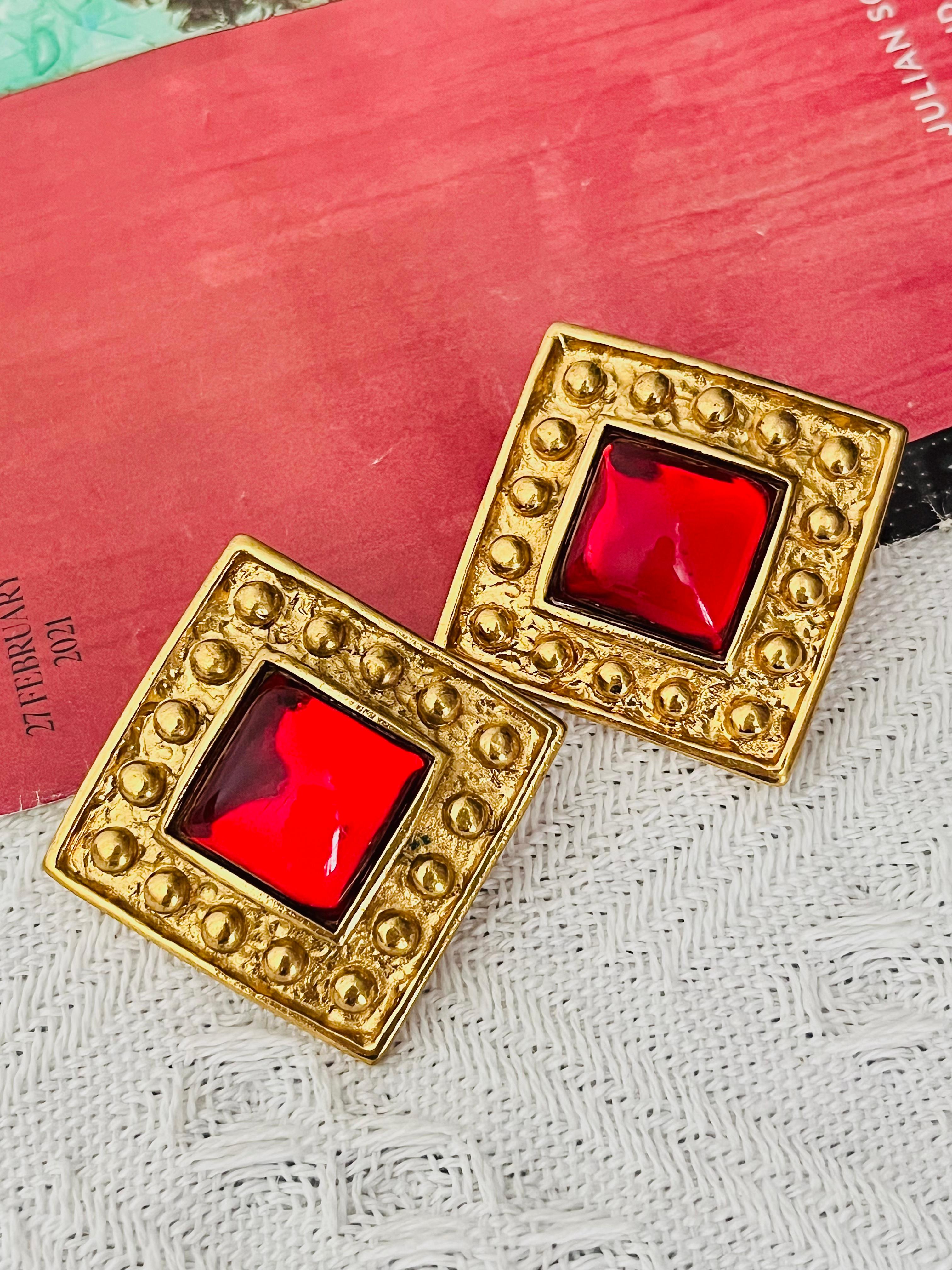 Art Deco Yves Saint Laurent YSL Vintage Large Gripoix Ruby Square Cube Dot Clip Earrings For Sale