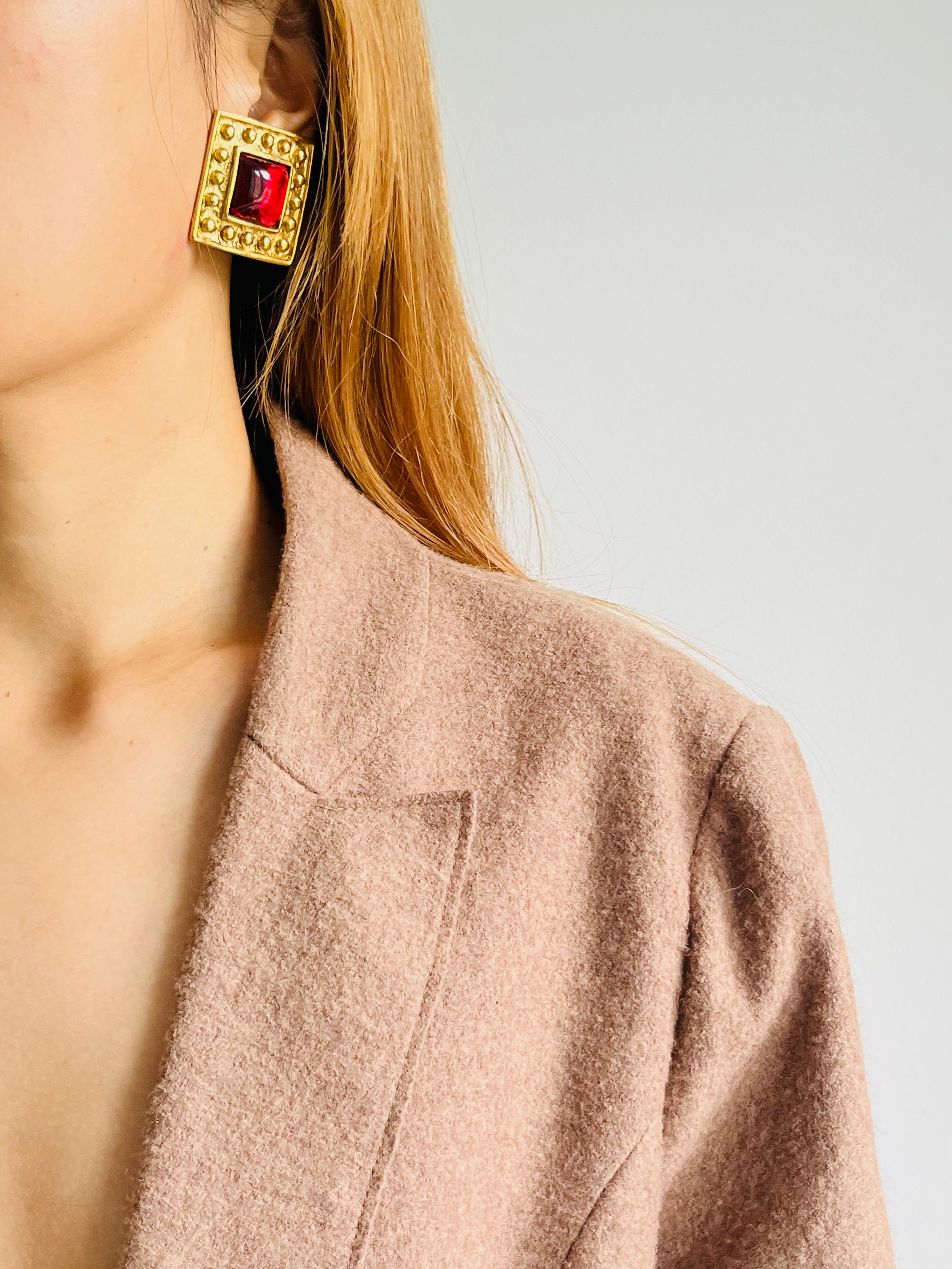 Yves Saint Laurent YSL Vintage Large Gripoix Ruby Square Cube Dot Clip Earrings For Sale 1