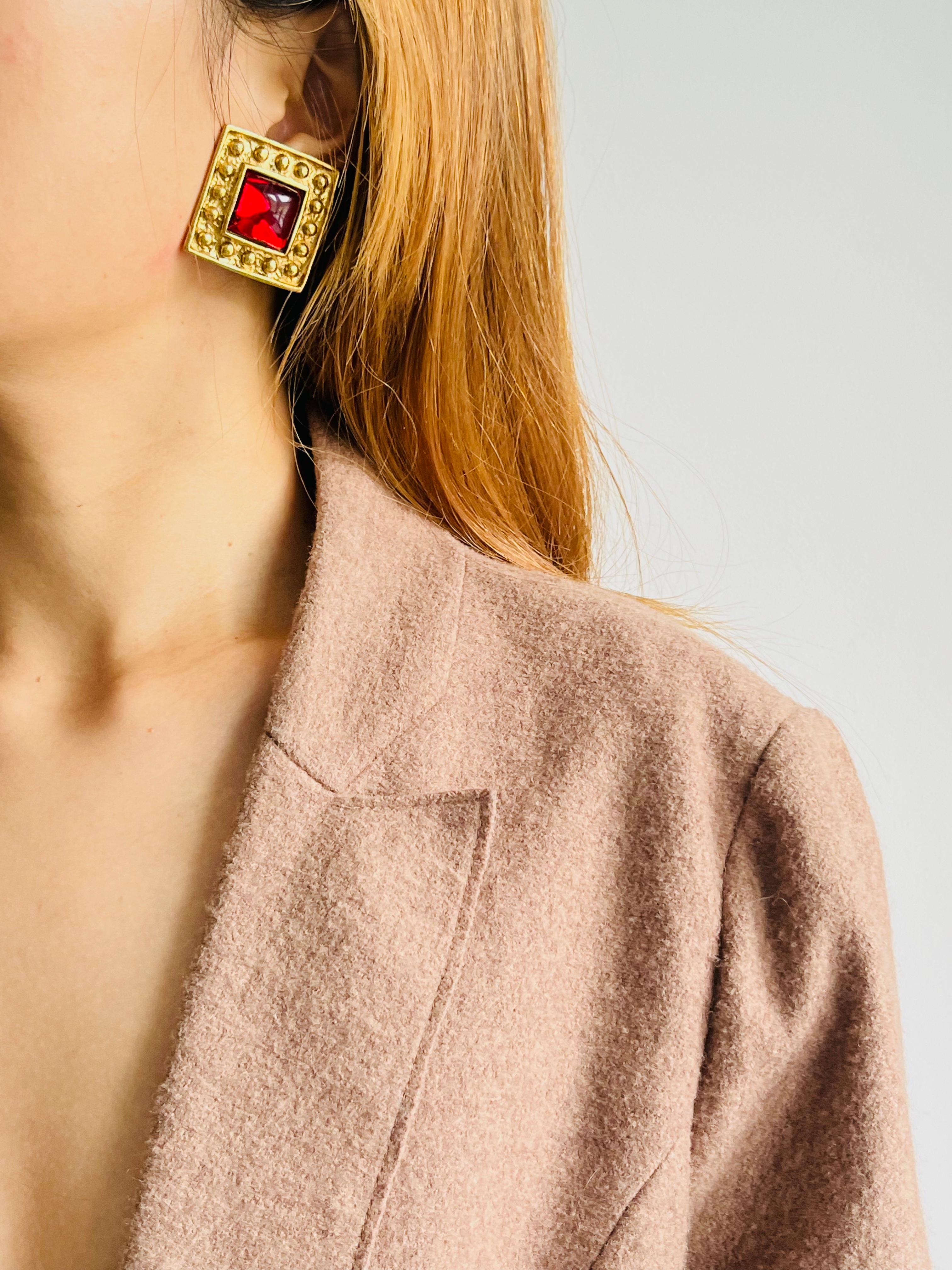 Yves Saint Laurent YSL Vintage Large Gripoix Ruby Square Cube Dot Clip Earrings For Sale 2