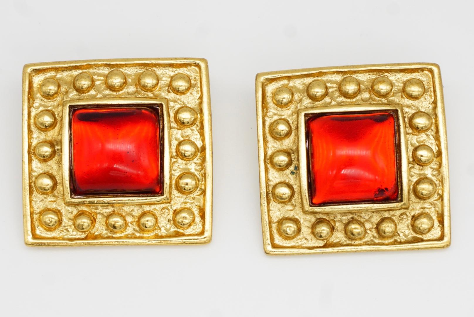 Yves Saint Laurent YSL Vintage Large Gripoix Ruby Square Cube Dot Clip Earrings For Sale 3