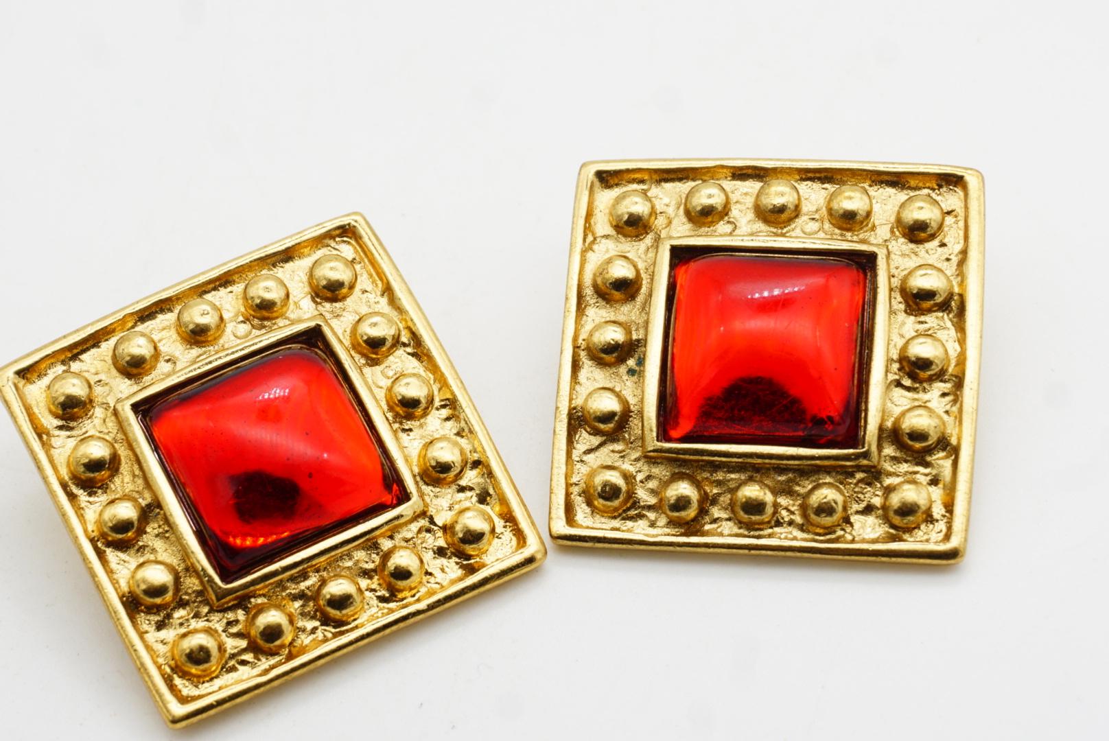 Yves Saint Laurent YSL Vintage Large Gripoix Ruby Square Cube Dot Clip Earrings For Sale 4