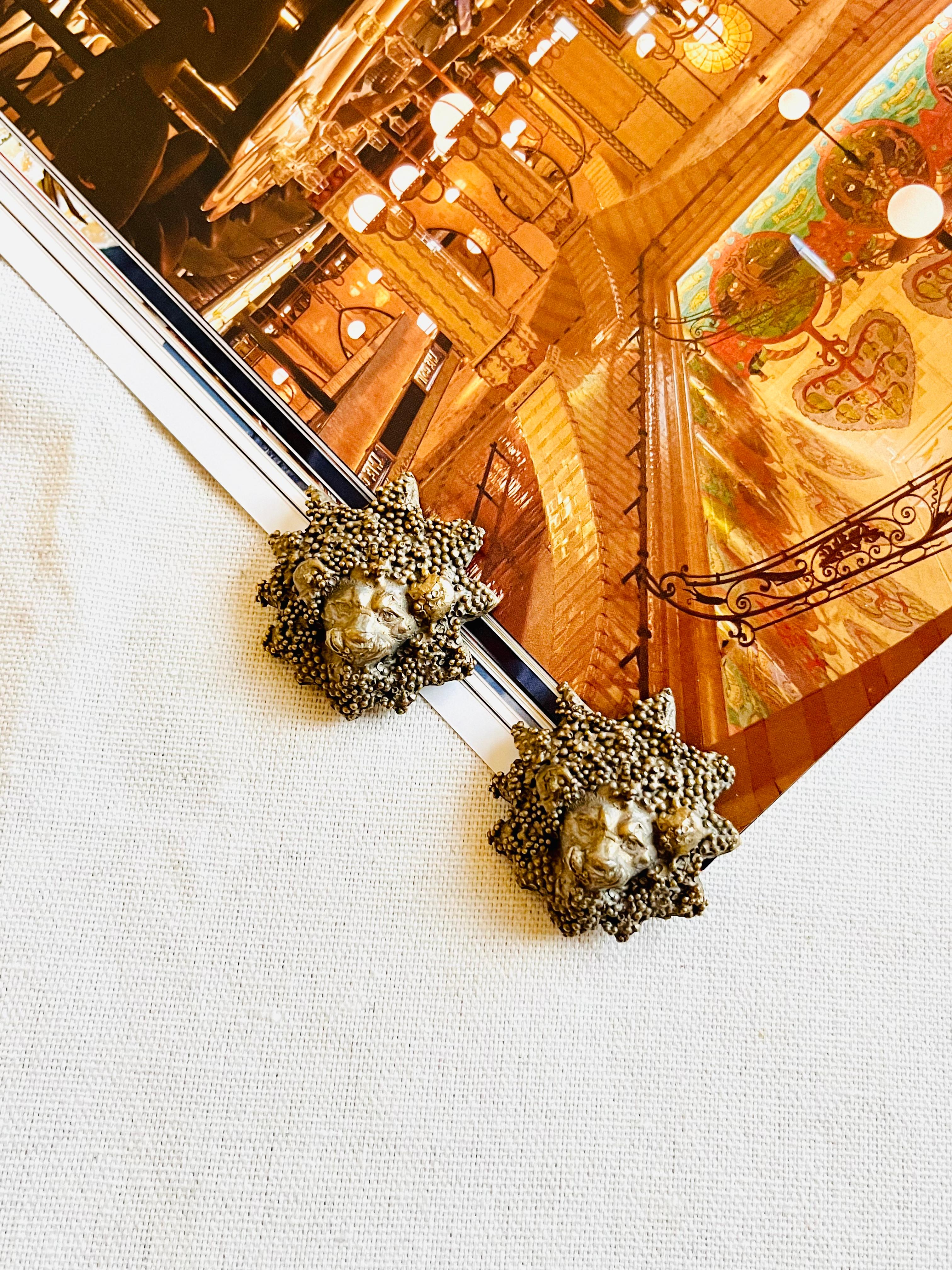Art Deco Yves Saint Laurent YSL Vintage Large Lion Animal Polygon Black Clip Earrings For Sale