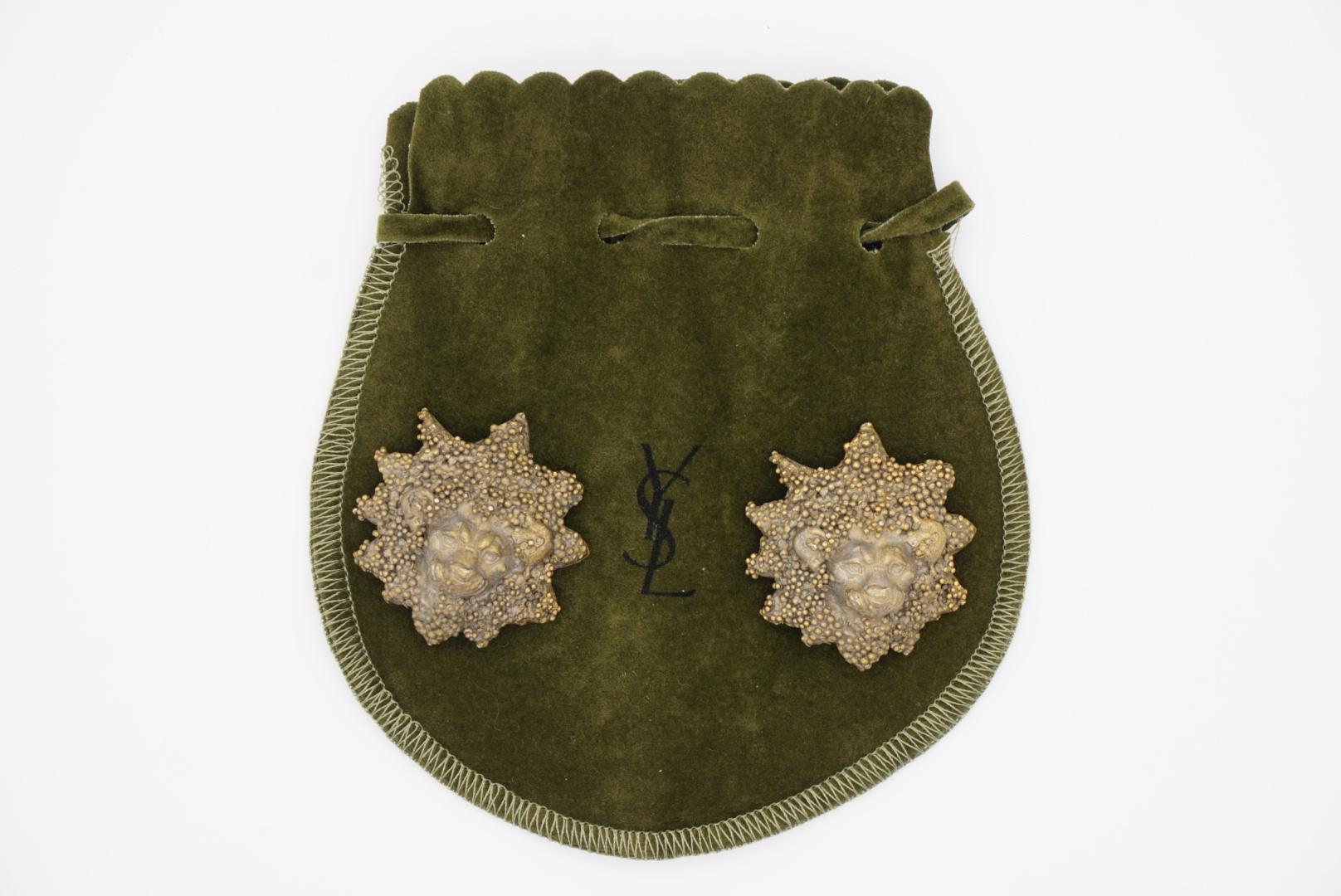 Yves Saint Laurent YSL Vintage Large Lion Animal Polygon Black Clip Earrings For Sale 3
