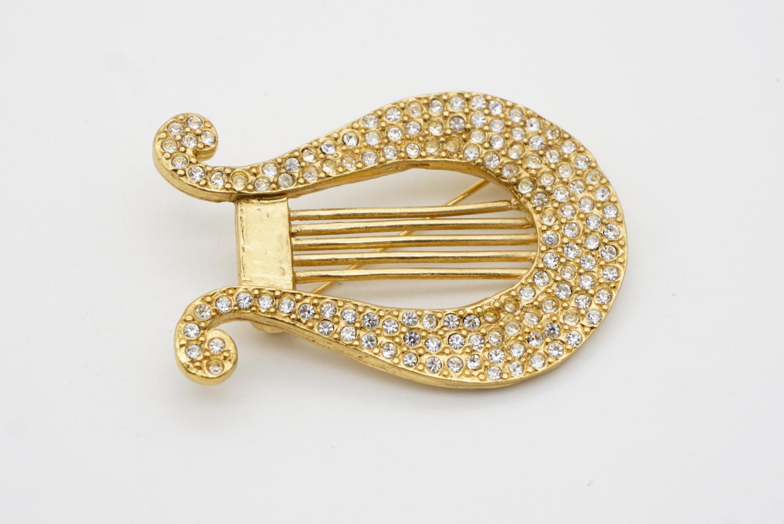 Yves Saint Laurent YSL Vintage Large Lyre Harp Crystals Openwork Gold Brooch For Sale 5