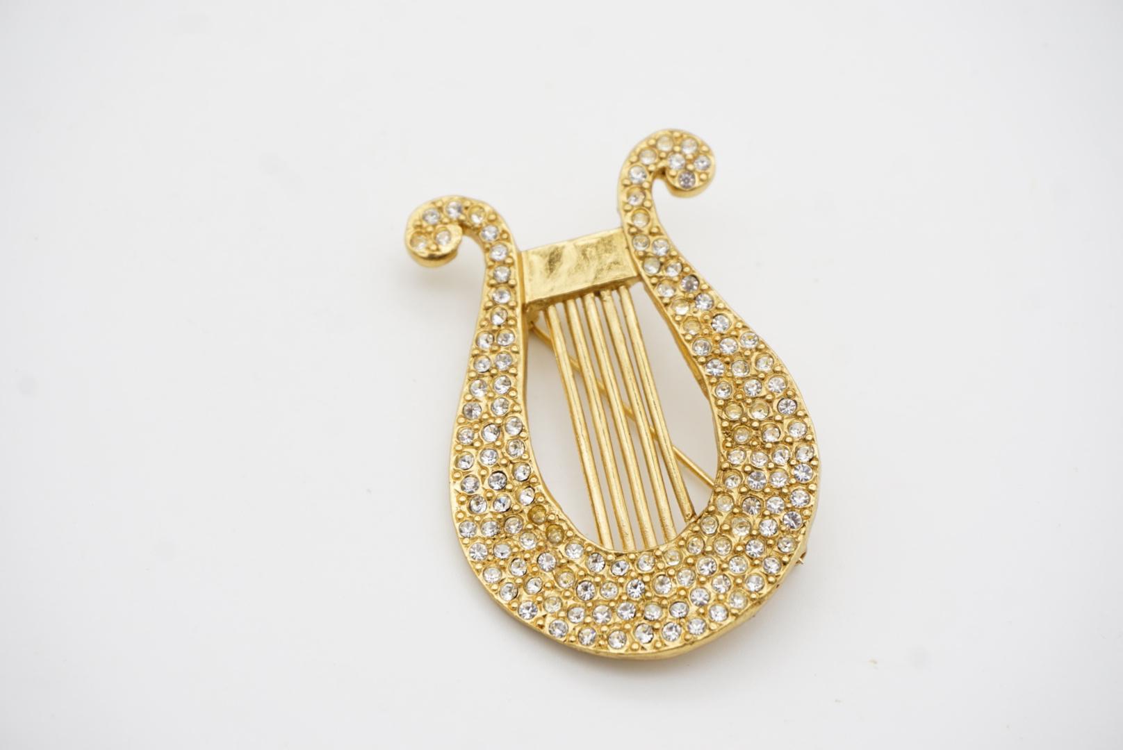 Yves Saint Laurent YSL Vintage Large Lyre Harp Crystals Openwork Gold Brooch For Sale 6