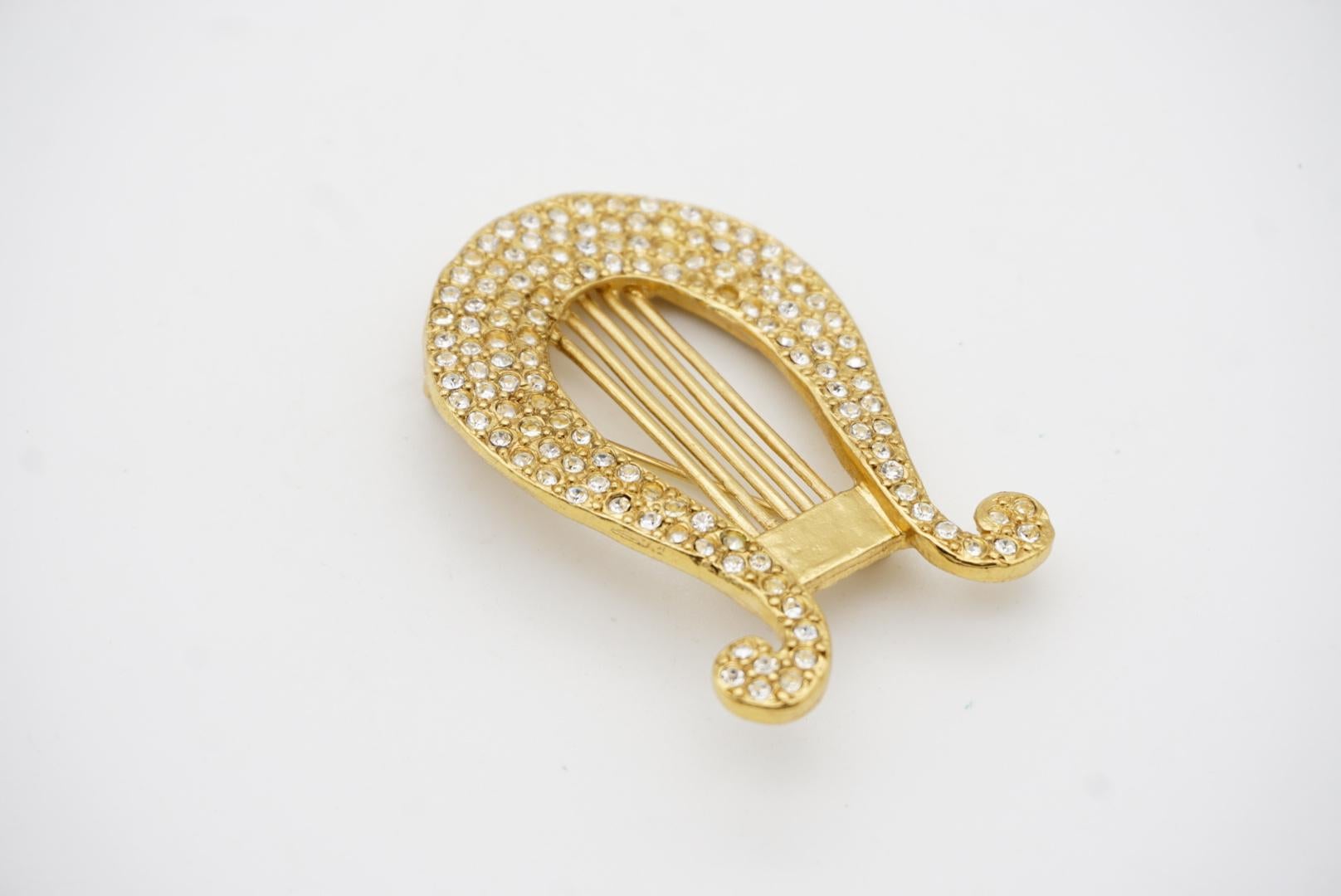 Yves Saint Laurent YSL Vintage Large Lyre Harp Crystals Openwork Gold Brooch For Sale 7