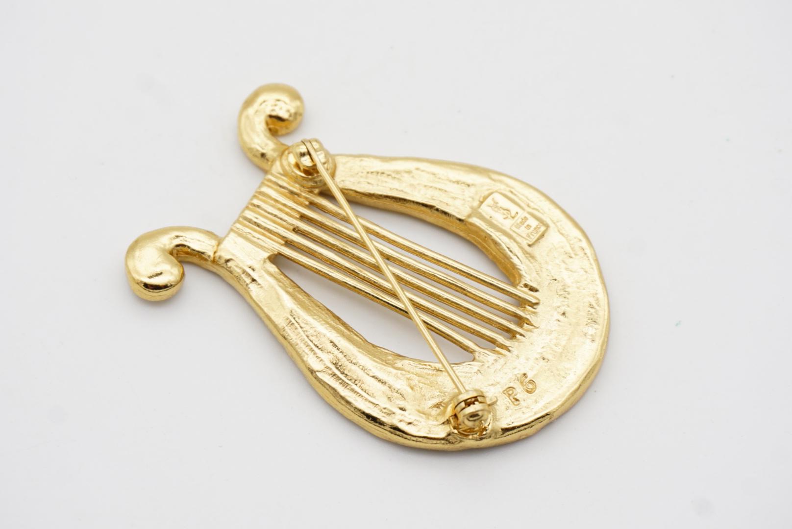 Yves Saint Laurent YSL Vintage Large Lyre Harp Crystals Openwork Gold Brooch For Sale 8