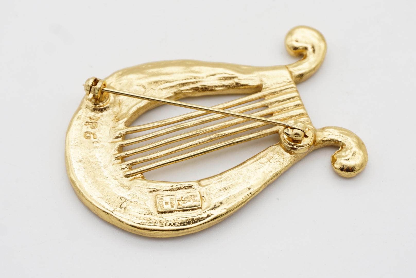 Yves Saint Laurent YSL Vintage Large Lyre Harp Crystals Openwork Gold Brooch For Sale 9
