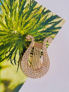 Yves Saint Laurent YSL Vintage Large Lyre Harp Crystals Openwork Gold Brooch