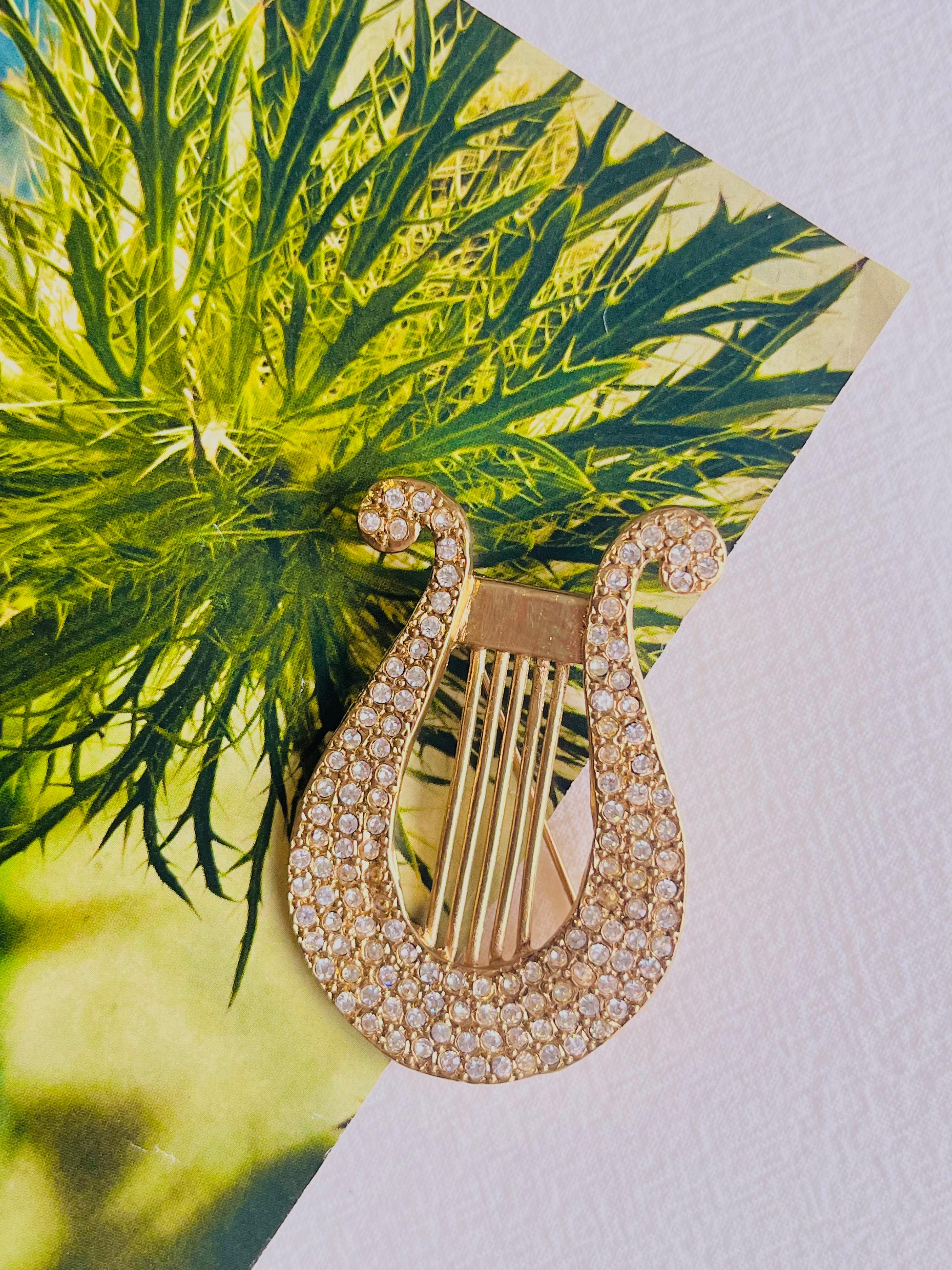 Artist Yves Saint Laurent YSL Vintage Large Lyre Harp Crystals Openwork Gold Brooch For Sale