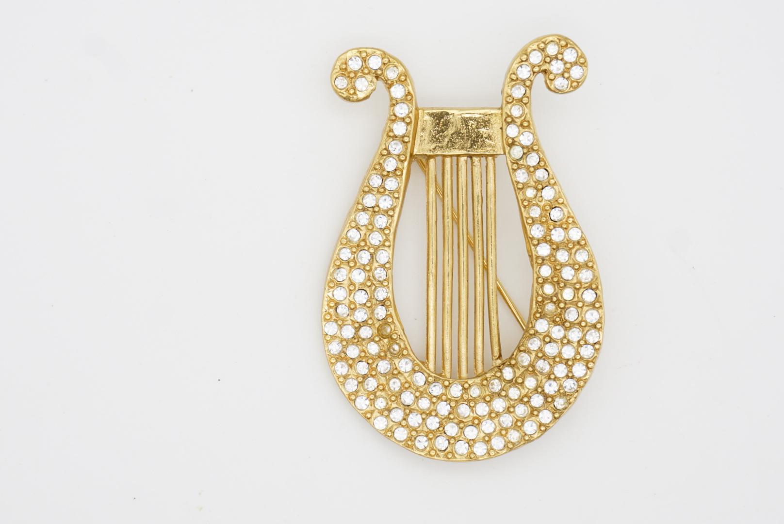 Yves Saint Laurent YSL Vintage Large Lyre Harp Crystals Openwork Gold Brooch For Sale 4