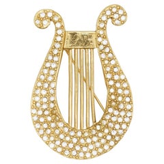 Yves Saint Laurent YSL Retro Large Lyre Harp Crystals Openwork Gold Brooch 