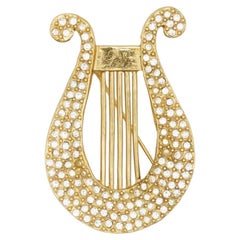 Yves Saint Laurent YSL Vintage Large Lyre Harp Crystals Openwork Gold Brooch