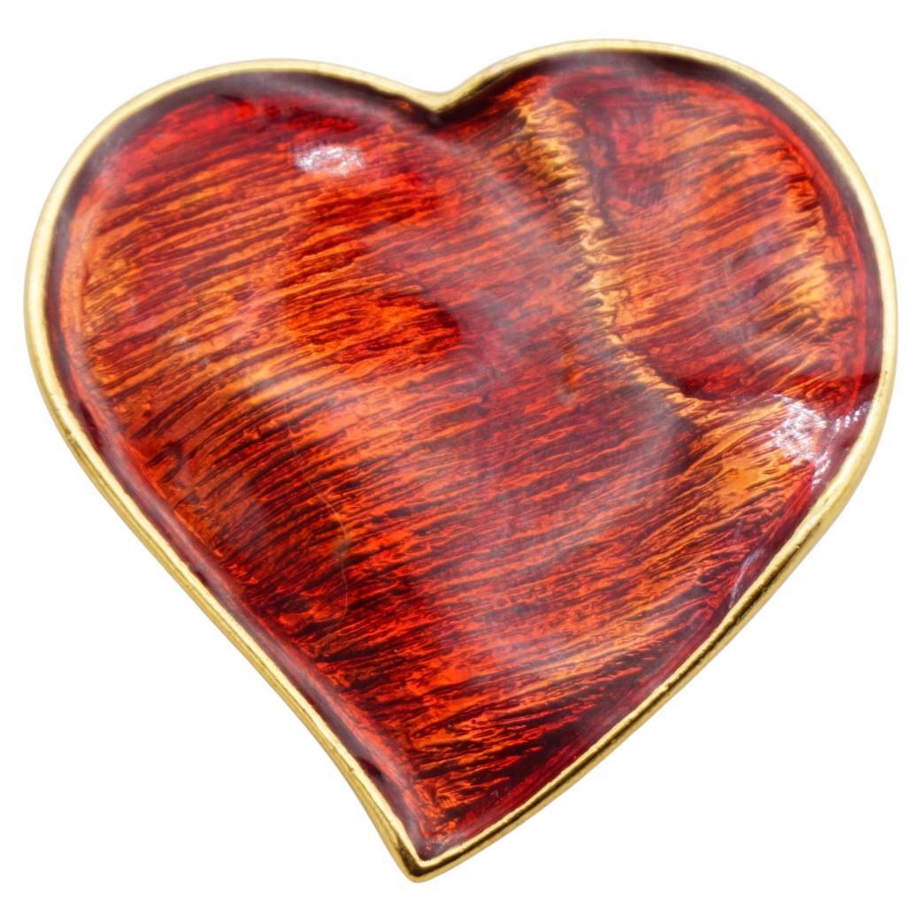 Yves Saint Laurent YSL Ciondolo Spilla d'Oro Vintage Grande Cuore Rosso Amore Ondulato