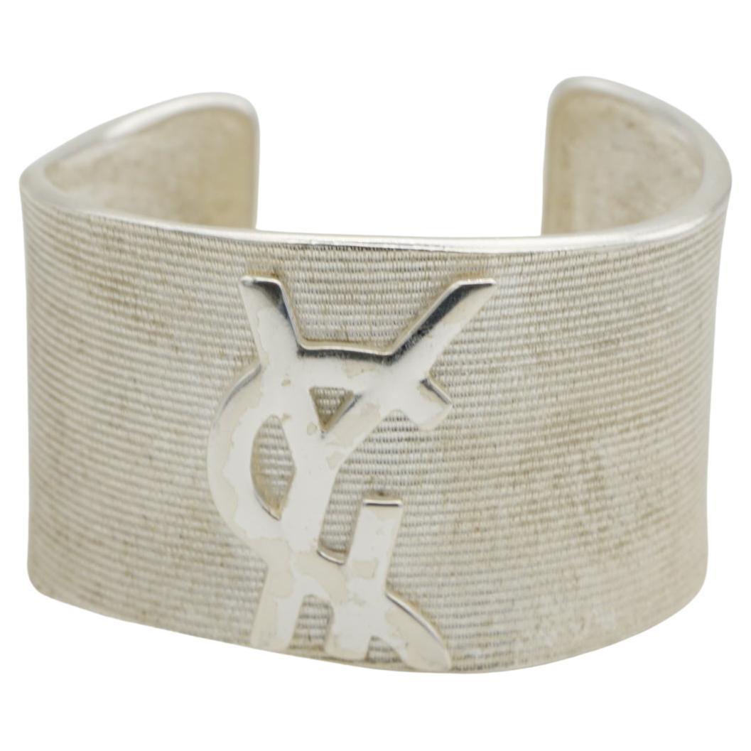 Yves Saint Laurent YSL Vintage Large Silver Ribbed Textured Chunky Bangle Cuff