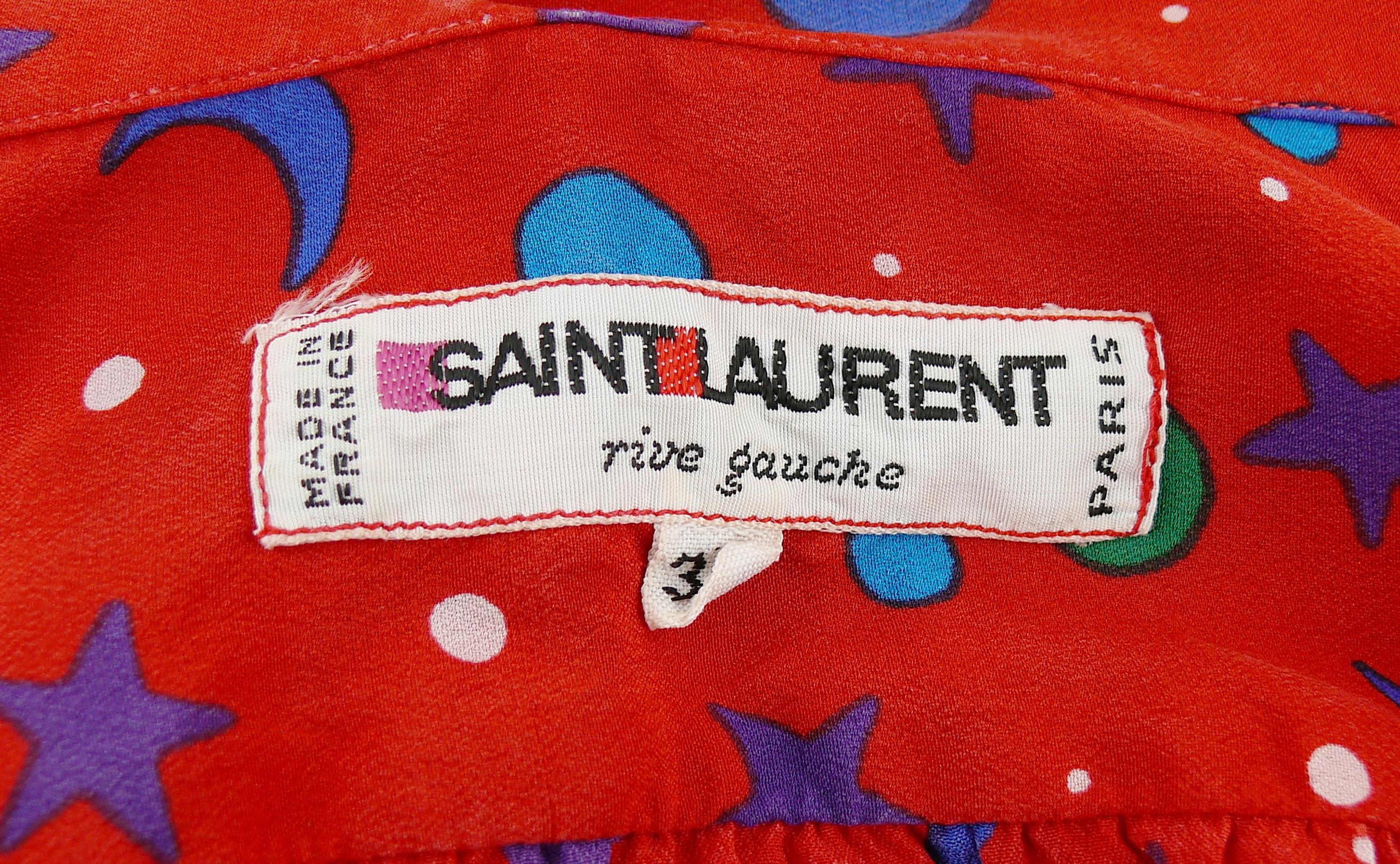 Yves Saint Laurent YSL Vintage Lavalliere Sun Moon Star Print Silk Blouse 1