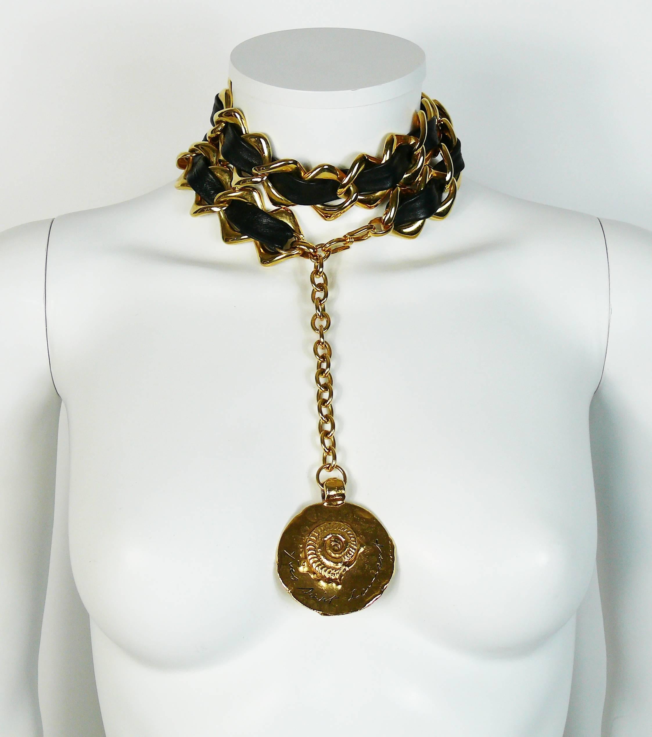 Brown Yves Saint Laurent YSL Vintage Leather Chain Fossil Medallion Belt