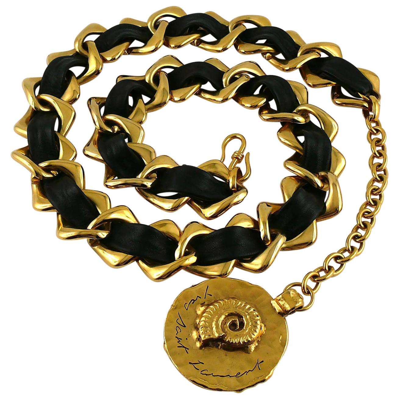 Yves Saint Laurent YSL Vintage Leather Chain Fossil Medallion Belt
