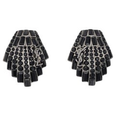 Yves Saint Laurent YSL Vintage Logo Black Geometric Shell Crystals Clip Earrings