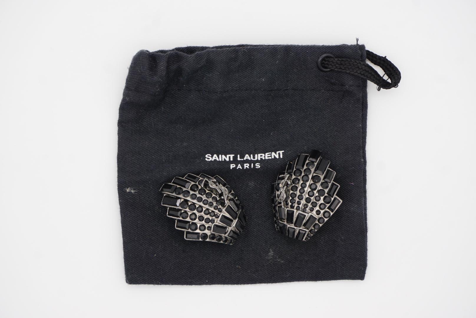 Yves Saint Laurent YSL Vintage Logo Geometric Shell Black Crystal Clip Earrings For Sale 12