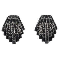 Yves Saint Laurent YSL Vintage Logo Geometric Shell Black Crystal Clip Earrings