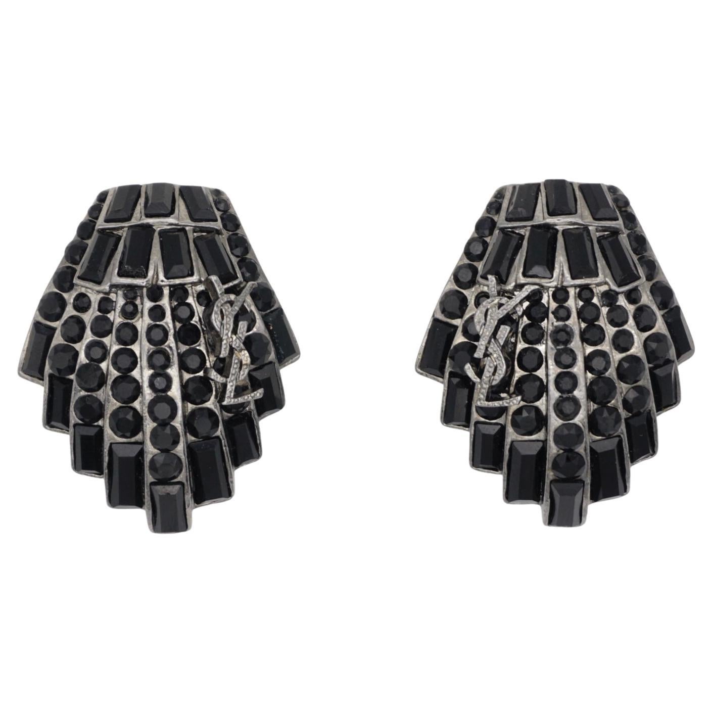 Yves Saint Laurent YSL Vintage Logo Geometric Shell Black Crystal Clip Earrings For Sale