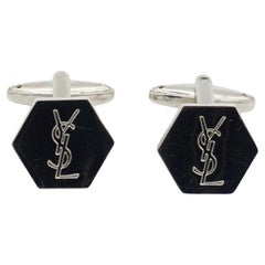Yves Saint Laurent YSL Vintage Logo Hallmark Monogram Hexagon Silver Cufflinks