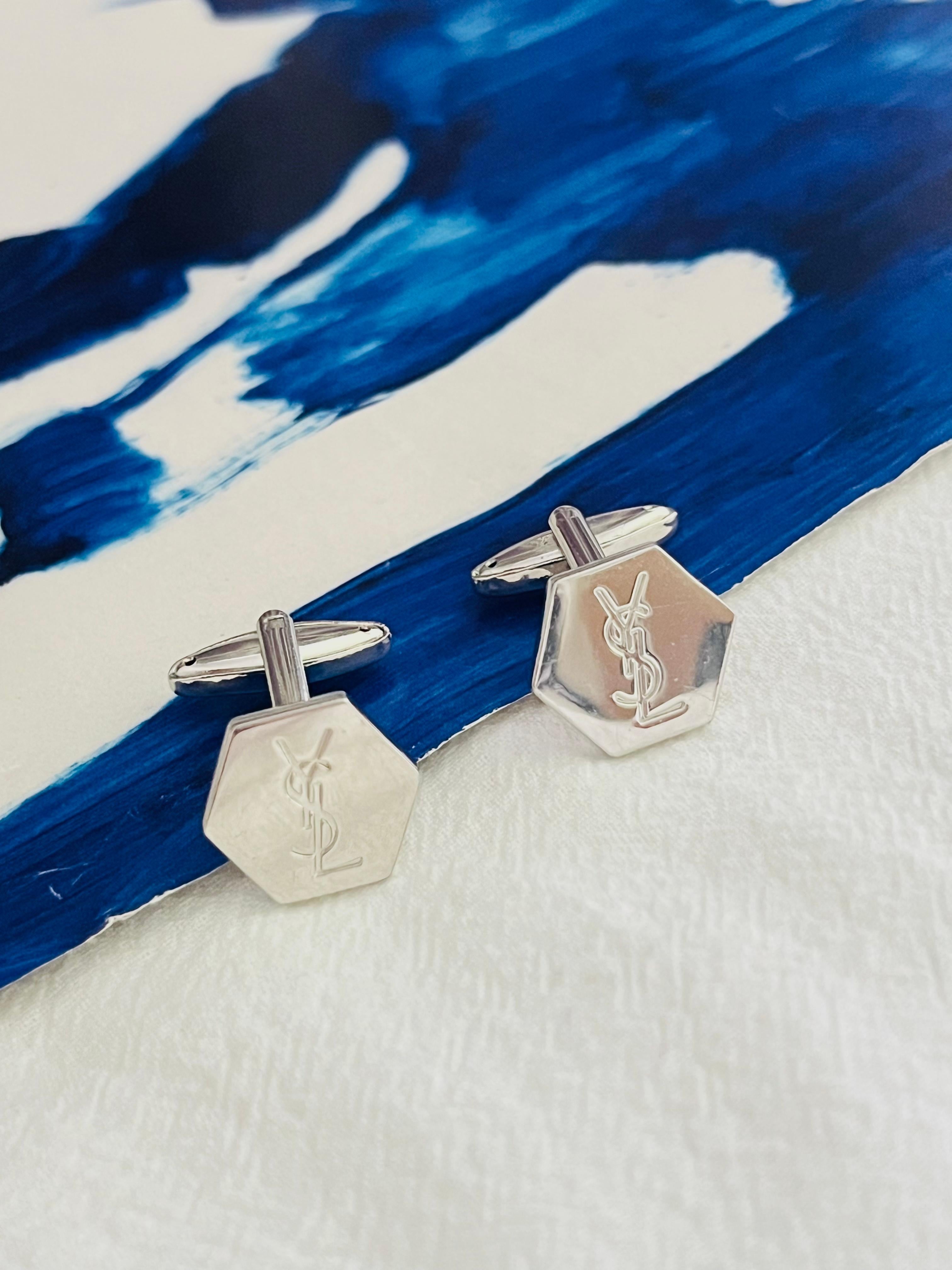 Art Deco Yves Saint Laurent YSL Vintage Logo Hallmark Monogram Hexagon Silver Cufflinks