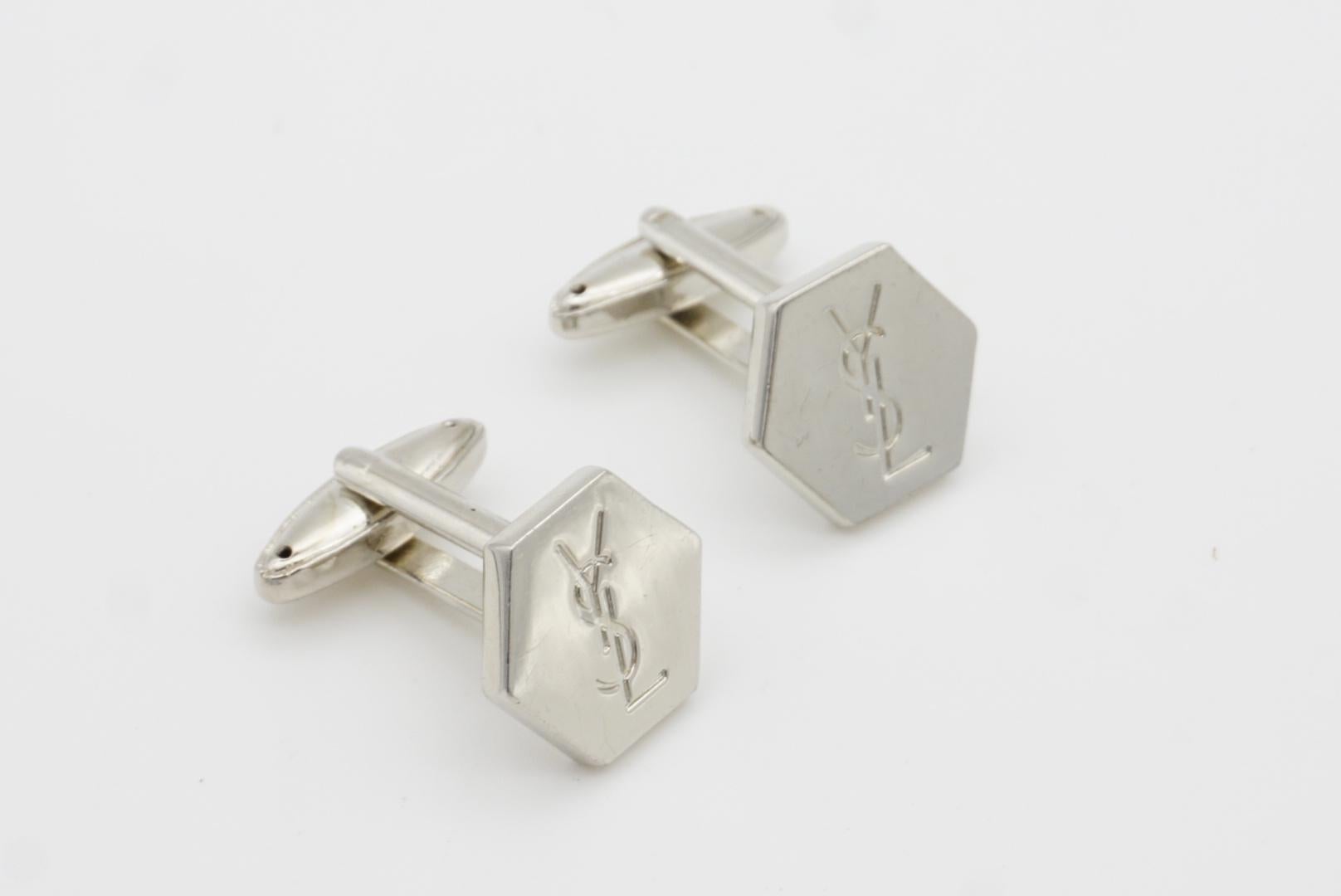 Men's Yves Saint Laurent YSL Vintage Logo Hallmark Monogram Hexagon Silver Cufflinks
