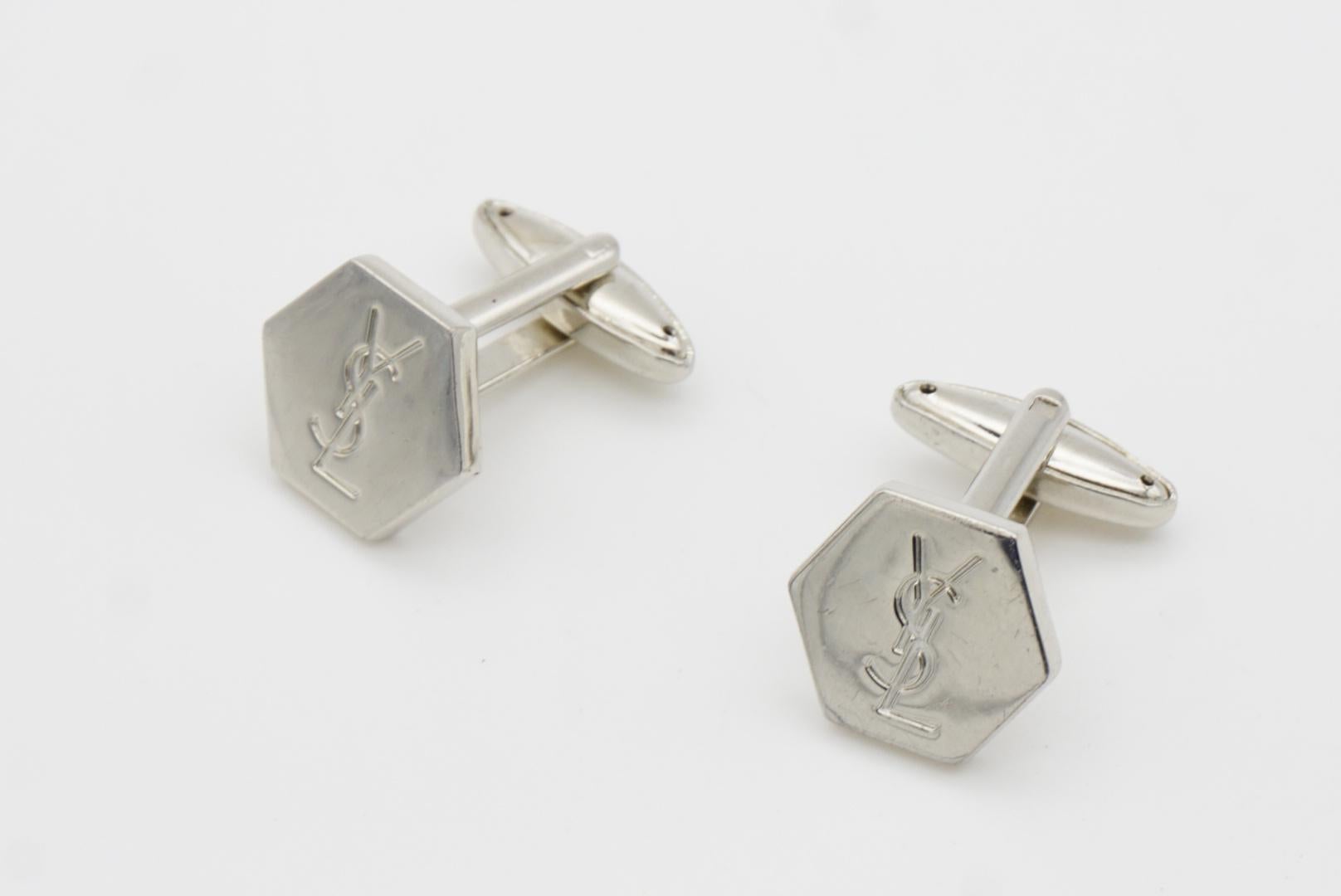 Yves Saint Laurent YSL Vintage Logo Hallmark Monogram Hexagon Silver Cufflinks 1