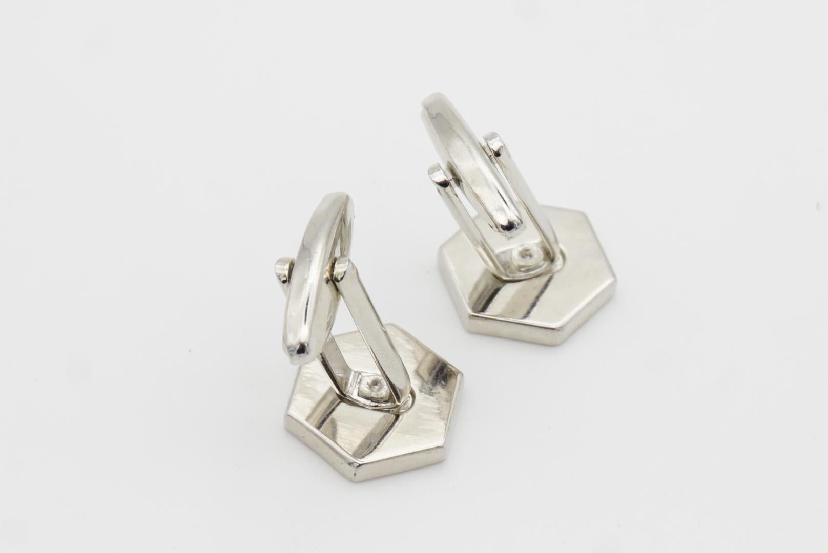 Yves Saint Laurent YSL Vintage Logo Hallmark Monogram Hexagon Silver Cufflinks 3