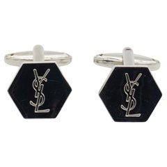 Yves Saint Laurent YSL Vintage Logo Hallmark Monogram Hexagon Silver Cufflinks
