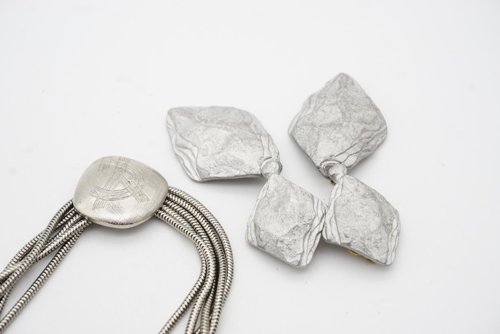 Yves Saint Laurent YSL Vintage Logo Layers Square Drop Earrings Silver Necklace For Sale 8