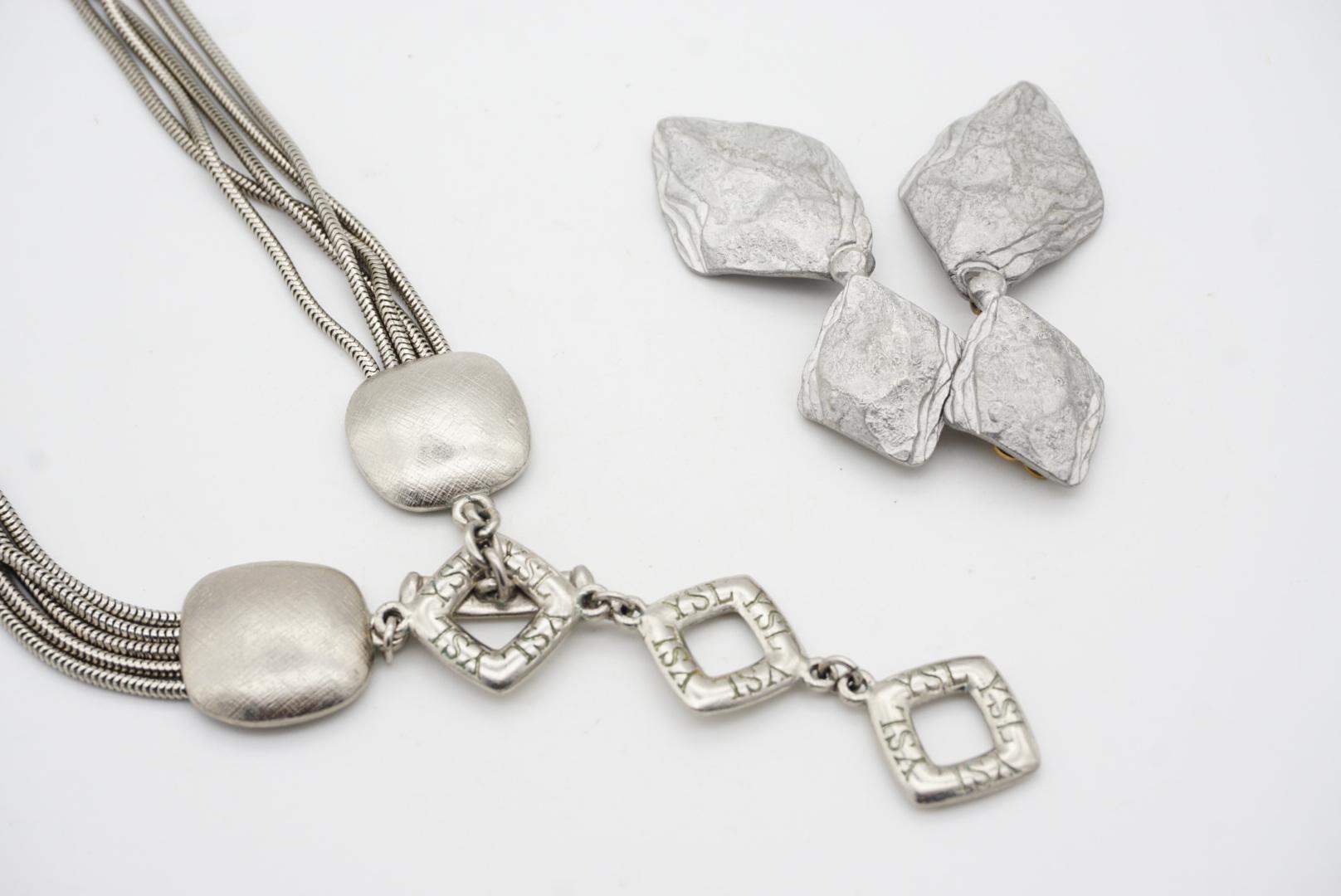 Yves Saint Laurent YSL Vintage Logo Layers Square Drop Earrings Silver Necklace For Sale 9