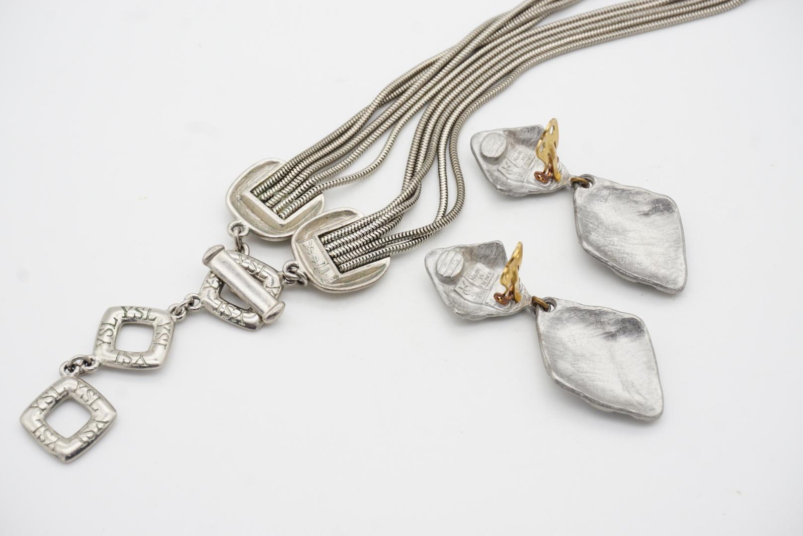 Yves Saint Laurent YSL Vintage Logo Layers Square Drop Earrings Silver Necklace For Sale 11